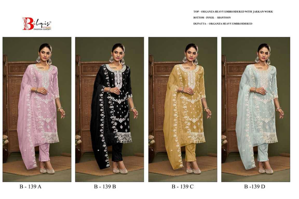 Bilqis 139 Colours By Bilqis 139-A To 139-D Series Beautiful Pakistani Suits Stylish Fancy Colorful Party Wear & Occasional Wear Organza Embroidery Dresses At Wholesale Price