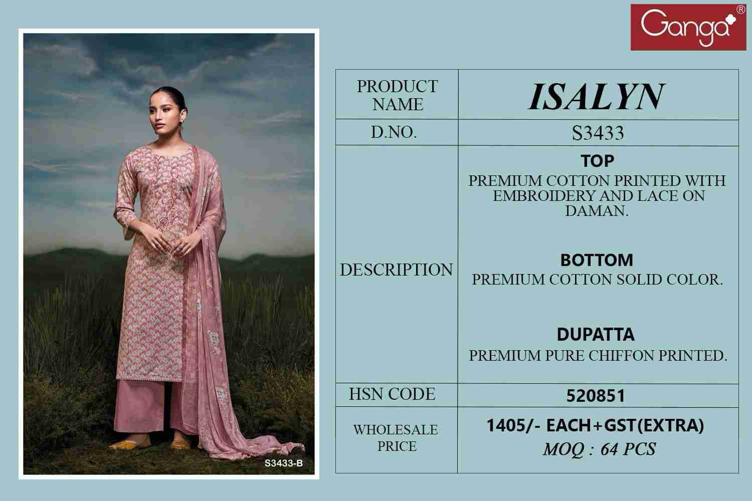 Isalyn-3433 By Ganga Fashion 3433-A To 3433-C Series Beautiful Festive Suits Colorful Stylish Fancy Casual Wear & Ethnic Wear Cotton Dresses At Wholesale Price