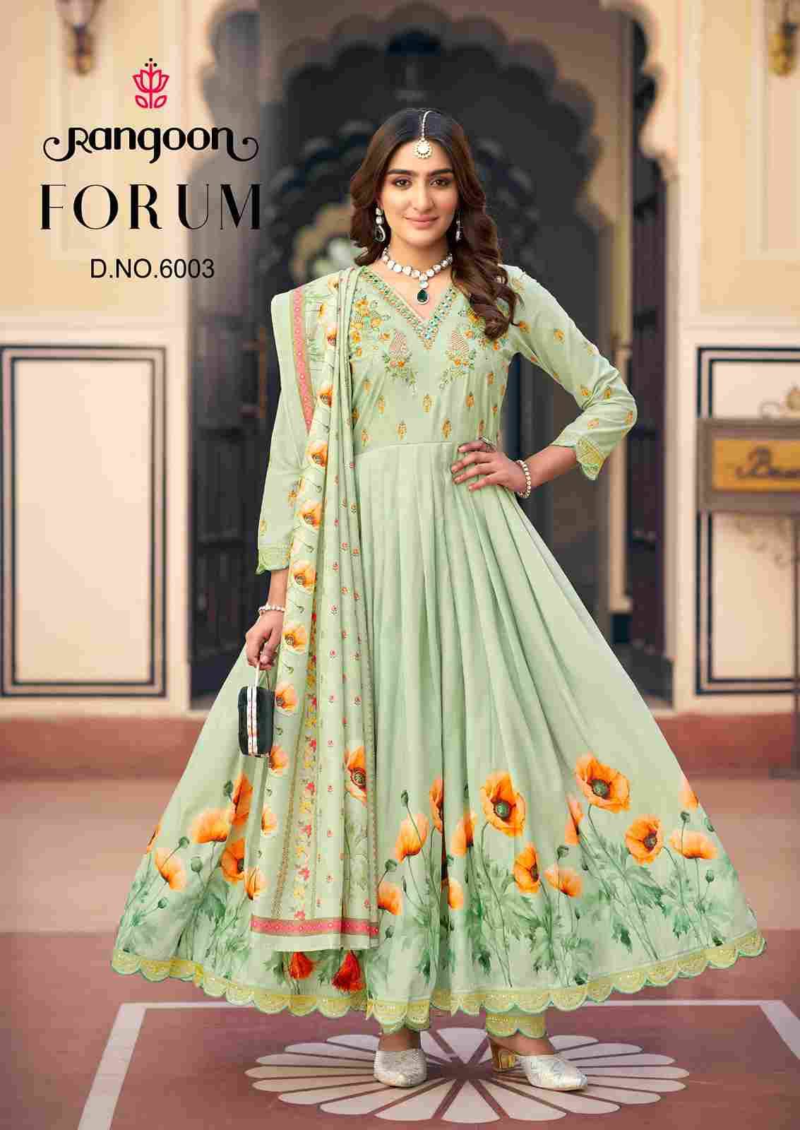 Forum By Rangoon 6001 To 6004 Series Designer Festive Suits Beautiful Stylish Fancy Colorful Party Wear & Occasional Wear Pure Muslin Dresses At Wholesale Price