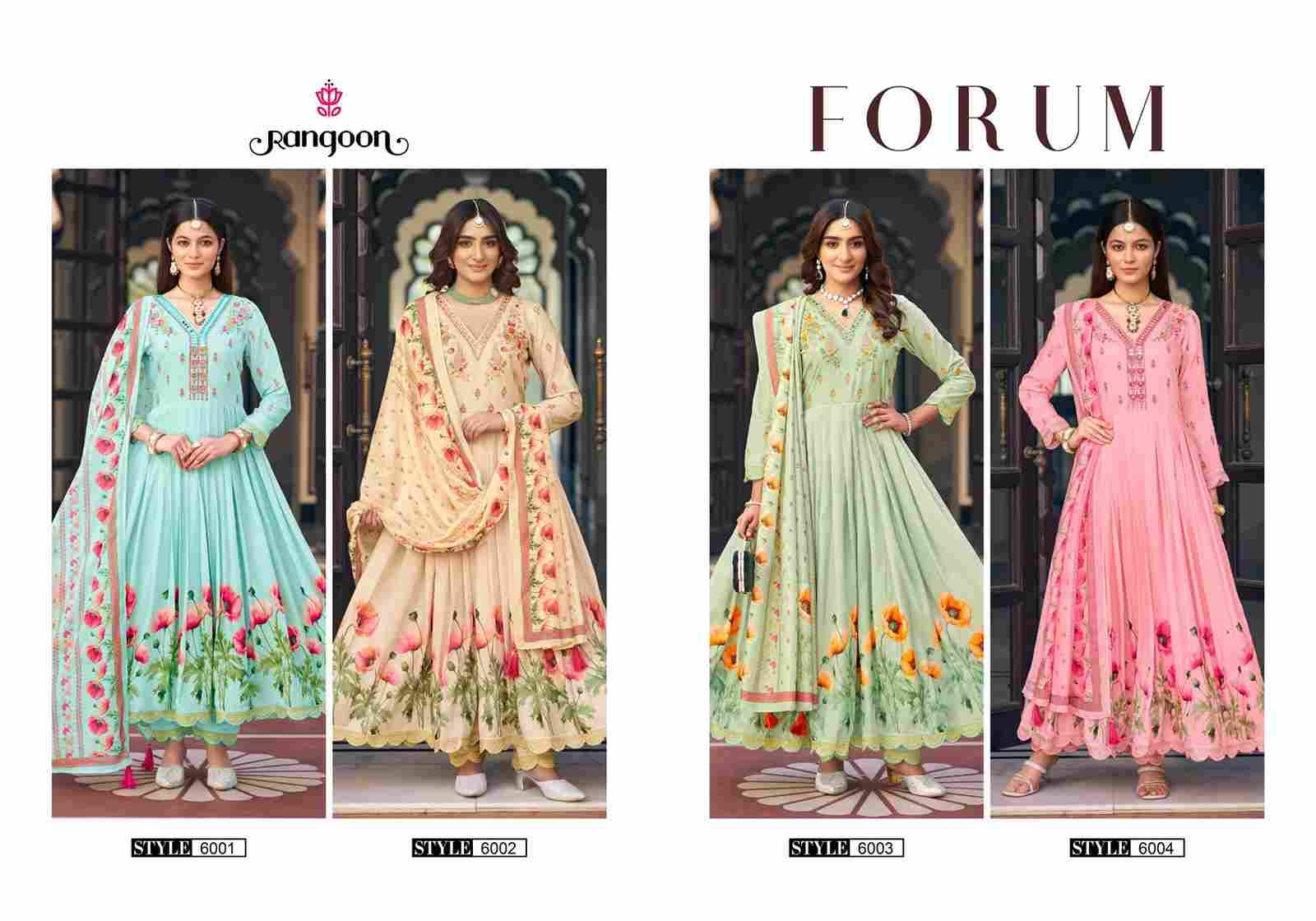 Forum By Rangoon 6001 To 6004 Series Designer Festive Suits Beautiful Stylish Fancy Colorful Party Wear & Occasional Wear Pure Muslin Dresses At Wholesale Price