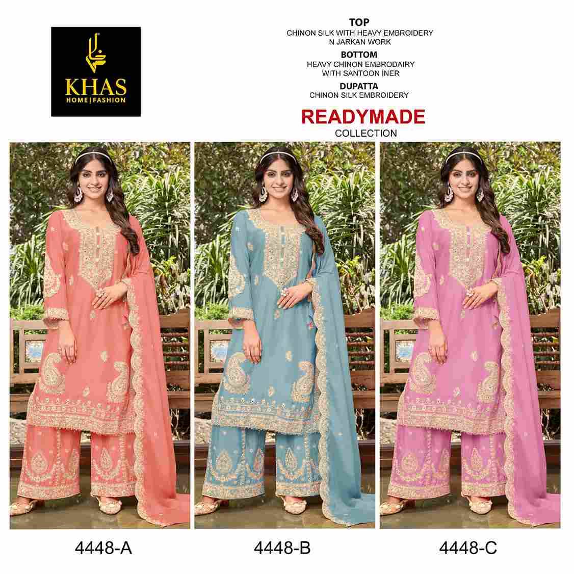 Khas 4448 Colours By Khas 4448-A To 4448-C Series Beautiful Pakistani Suits Colorful Stylish Fancy Casual Wear & Ethnic Wear Chinnon Silk Embroidered Dresses At Wholesale Price