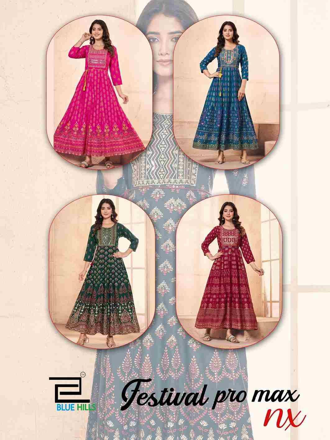 Festival Pro Max Nx By Blue Hills 1001 To 1004 Series Designer Stylish Fancy Colorful Beautiful Party Wear & Ethnic Wear Collection Rayon Foil Gown At Wholesale Price