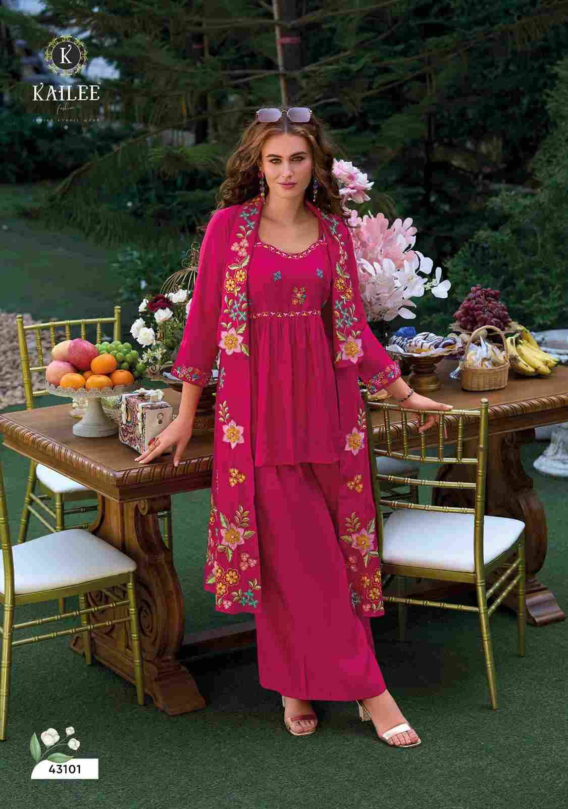 Bloom By Kailee 43101-A To 43101-D Series Designer Stylish Fancy Colorful Beautiful Party Wear & Ethnic Wear Collection Viscose Organza Kurtis With Bottom And Jacket At Wholesale Price