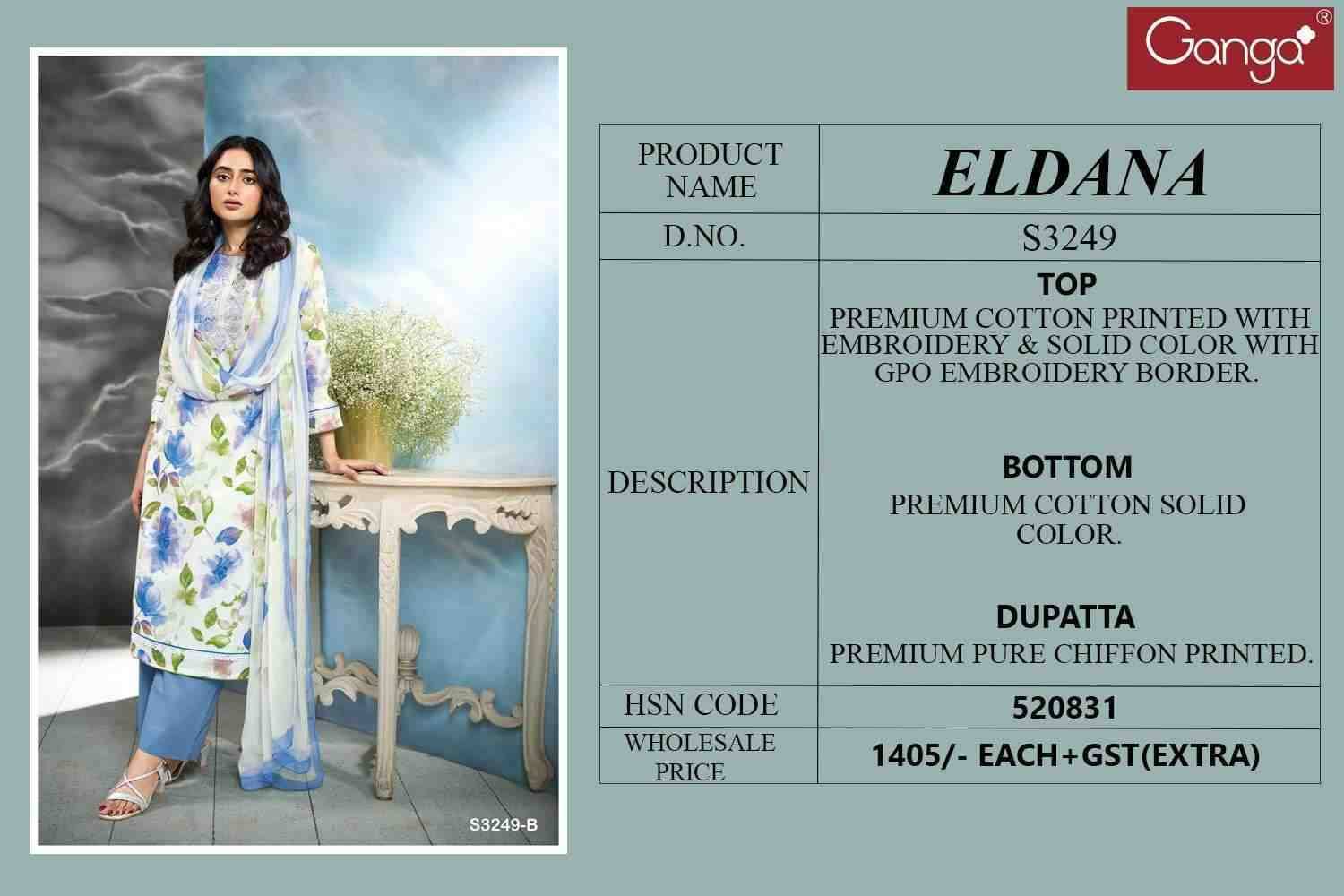 Eldana-3249 By Ganga Fashion 3249-A To 3249-C Series Beautiful Festive Suits Colorful Stylish Fancy Casual Wear & Ethnic Wear Premium Cotton Dresses At Wholesale Price
