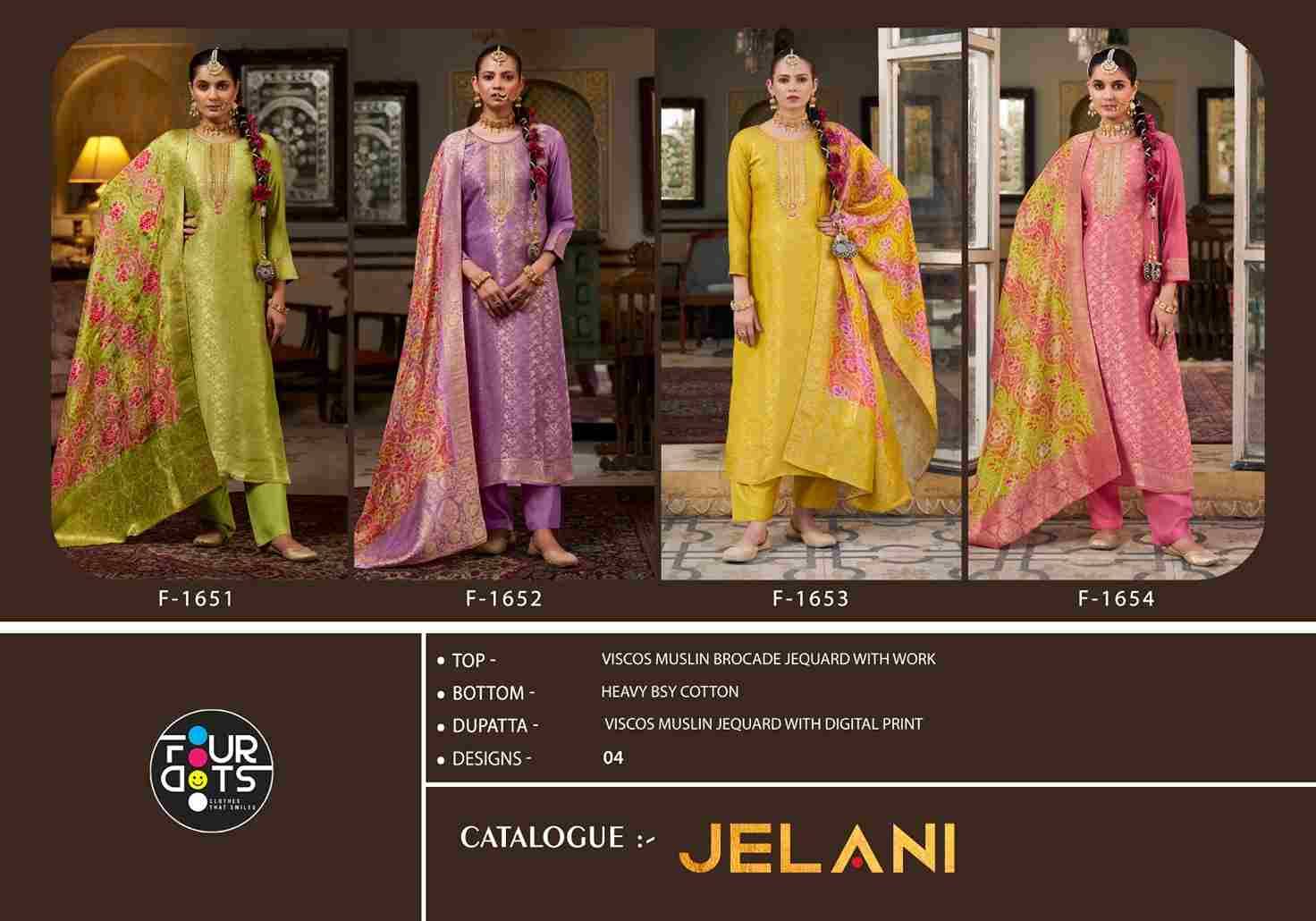 Jelani By Four Dots 1651 To 1654 Series Beautiful Stylish Festive Suits Fancy Colorful Casual Wear & Ethnic Wear & Ready To Wear Muslin Jacquard Dresses At Wholesale Price