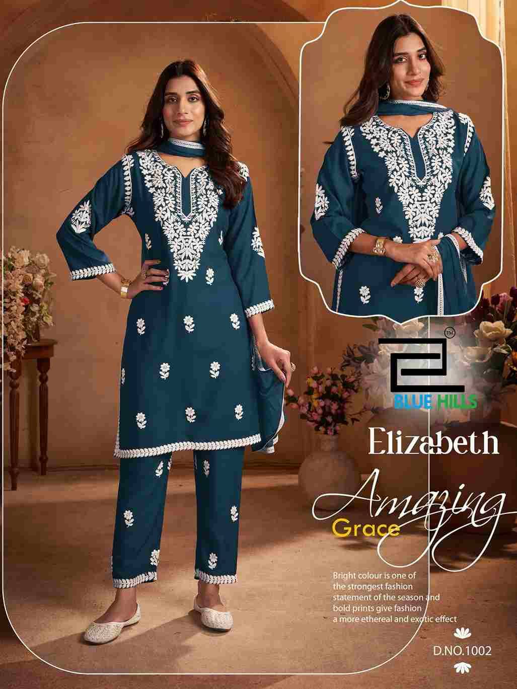 Elizabeth By Blue Hills 1001 To 1004 Series Beautiful Festive Suits Colorful Stylish Fancy Casual Wear & Ethnic Wear Rayon With Work Dresses At Wholesale Price