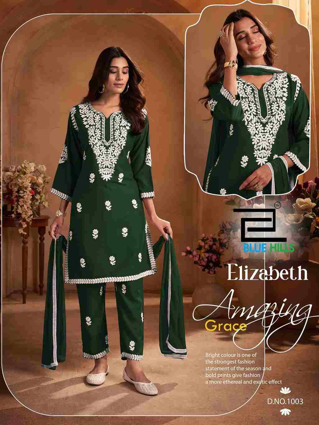 Elizabeth By Blue Hills 1001 To 1004 Series Beautiful Festive Suits Colorful Stylish Fancy Casual Wear & Ethnic Wear Rayon With Work Dresses At Wholesale Price