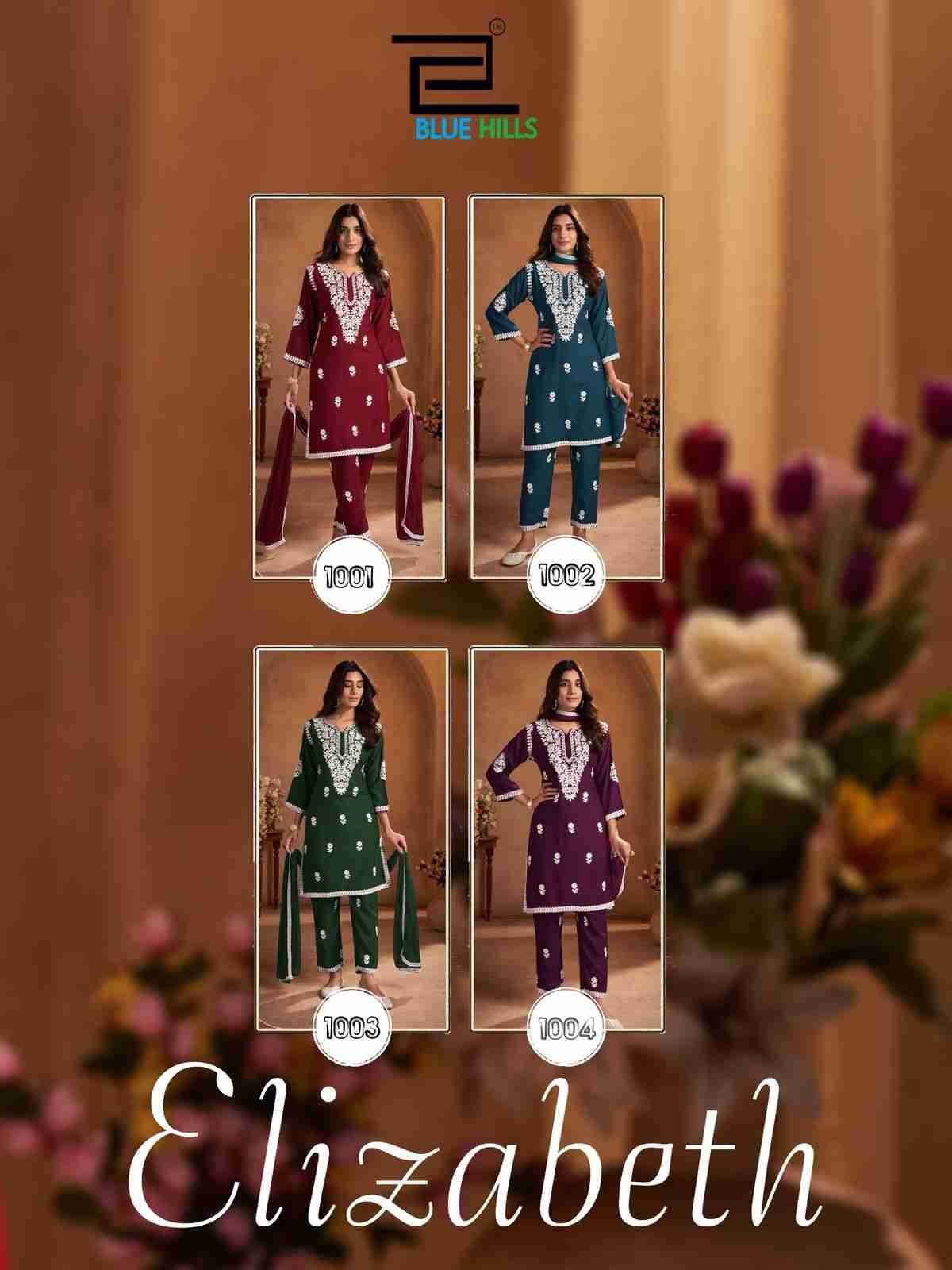 Elizabeth By Blue Hills 1001 To 1004 Series Beautiful Festive Suits Colorful Stylish Fancy Casual Wear & Ethnic Wear Rayon With Work Dresses At Wholesale Price