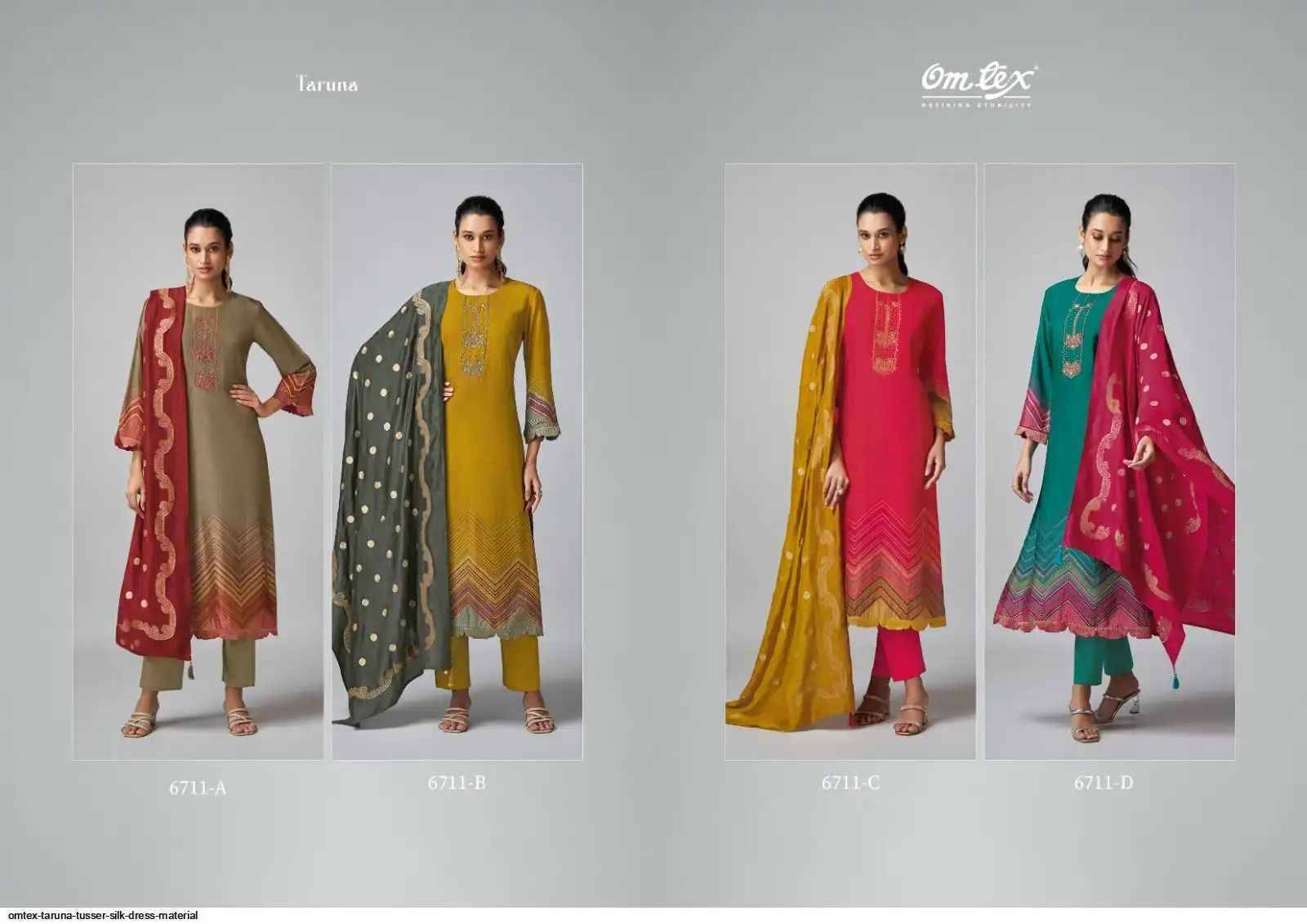 Taruna By Om Tex 6711-A To 6711-D Series Beautiful Suits Stylish Fancy Colorful Party Wear & Ethnic Wear Tussar Silk Dresses At Wholesale Price
