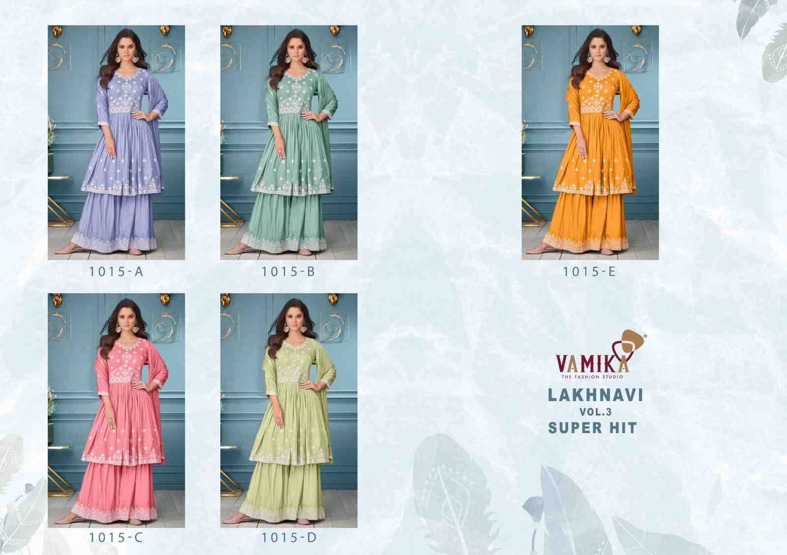 Lakhnavi Vol-3 Super Hit By Vamika 1015-A To 1015-E Series Beautiful Stylish Sharara Suits Fancy Colorful Casual Wear & Ethnic Wear & Ready To Wear Pure Viscose Rayon Printed Dresses At Wholesale Price