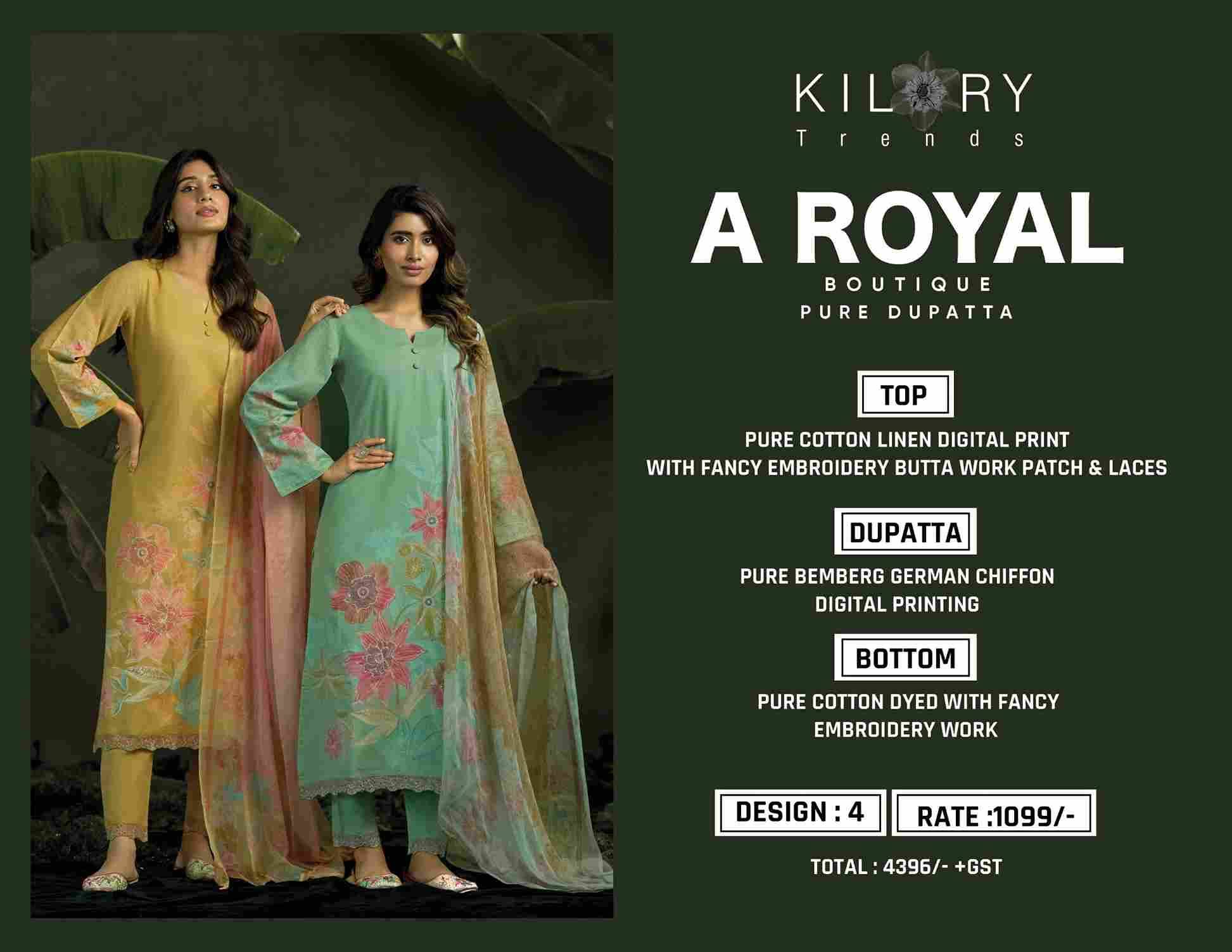 A Royal By Kilory 1601 To 1604 Series Beautiful Festive Suits Colorful Stylish Fancy Casual Wear & Ethnic Wear Pure Cotton Linen Dresses At Wholesale Price