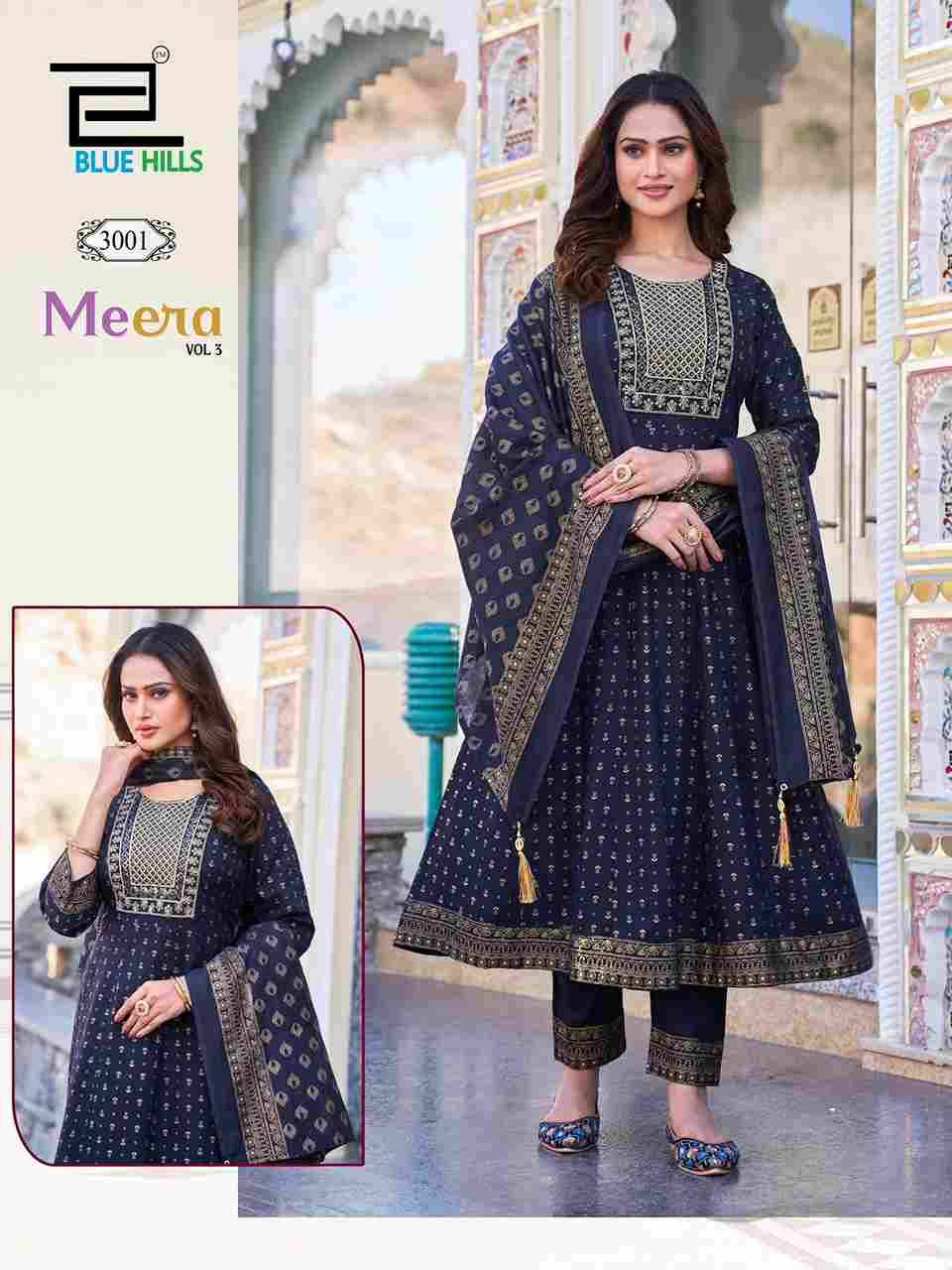 Meera Vol-3 By Blue Hills 3001 To 3007 Series Designer Festive Suits Beautiful Fancy Colorful Stylish Party Wear & Occasional Wear Rayon Dresses At Wholesale Price