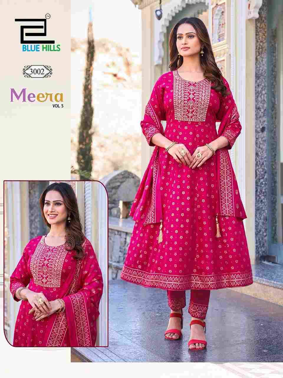 Meera Vol-3 By Blue Hills 3001 To 3007 Series Designer Festive Suits Beautiful Fancy Colorful Stylish Party Wear & Occasional Wear Rayon Dresses At Wholesale Price