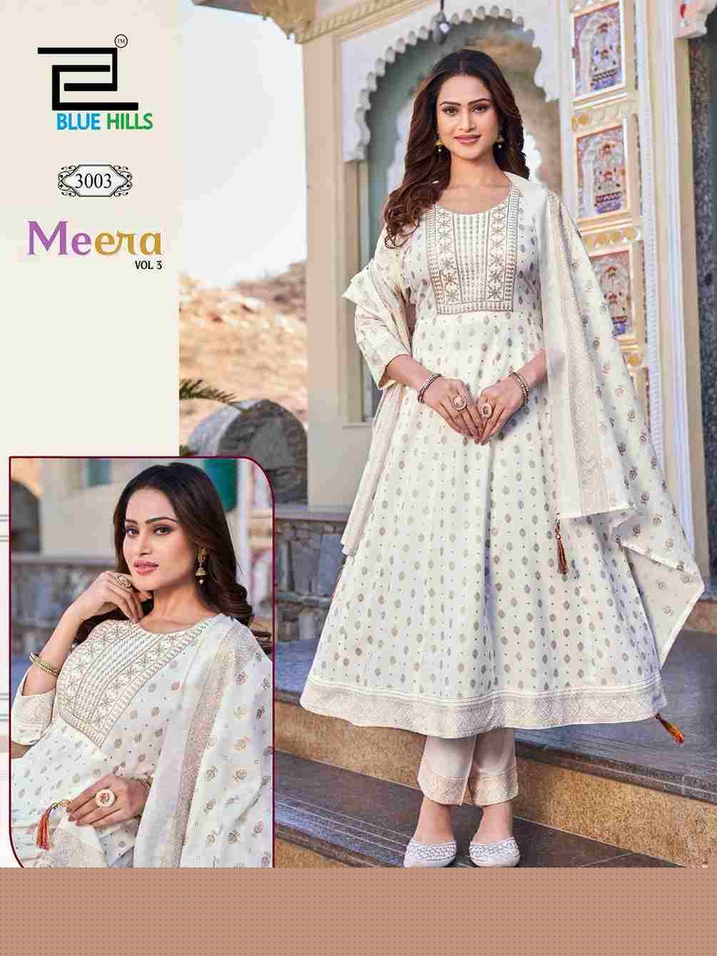 Meera Vol-3 By Blue Hills 3001 To 3007 Series Designer Festive Suits Beautiful Fancy Colorful Stylish Party Wear & Occasional Wear Rayon Dresses At Wholesale Price