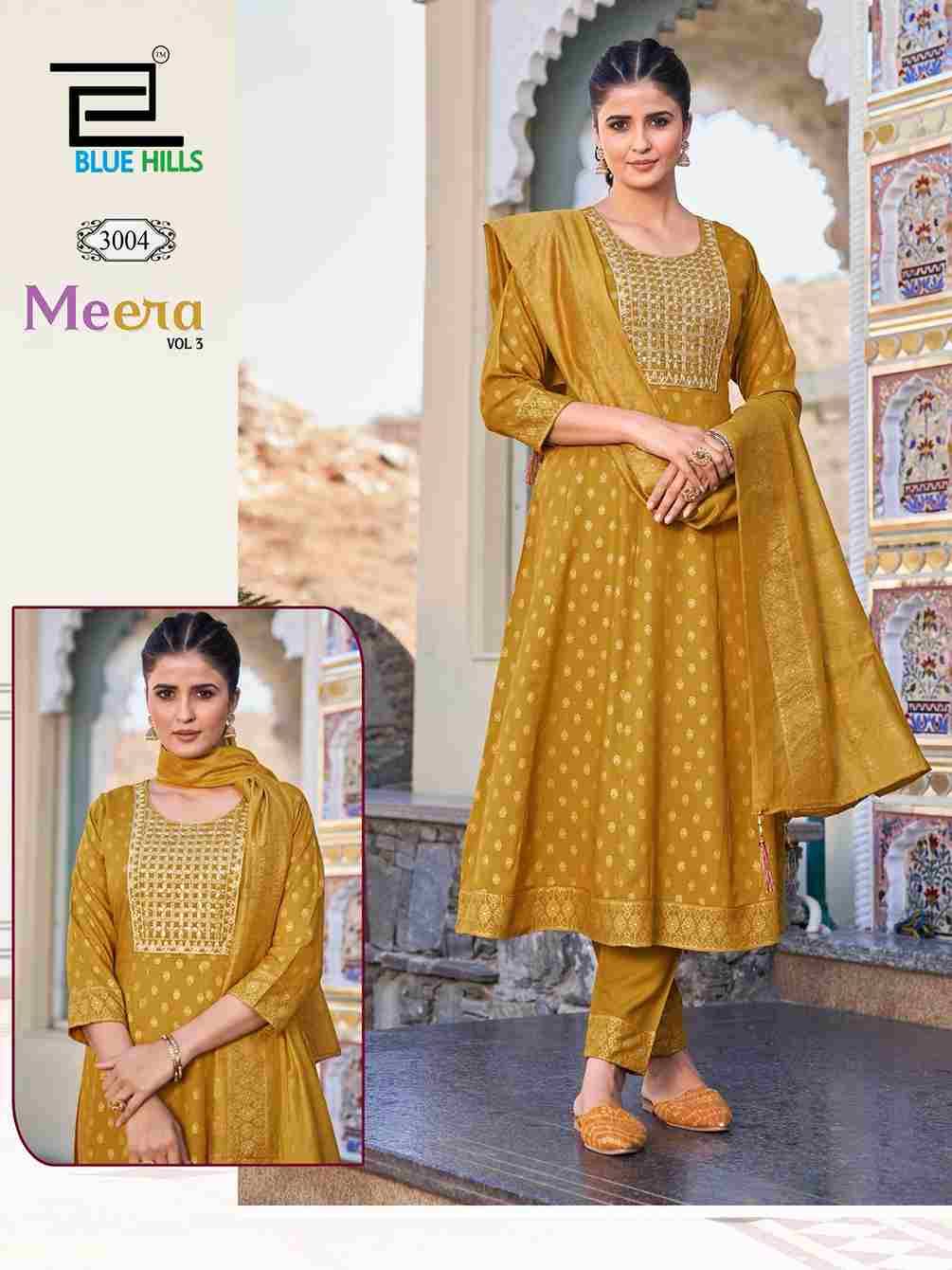 Meera Vol-3 By Blue Hills 3001 To 3007 Series Designer Festive Suits Beautiful Fancy Colorful Stylish Party Wear & Occasional Wear Rayon Dresses At Wholesale Price
