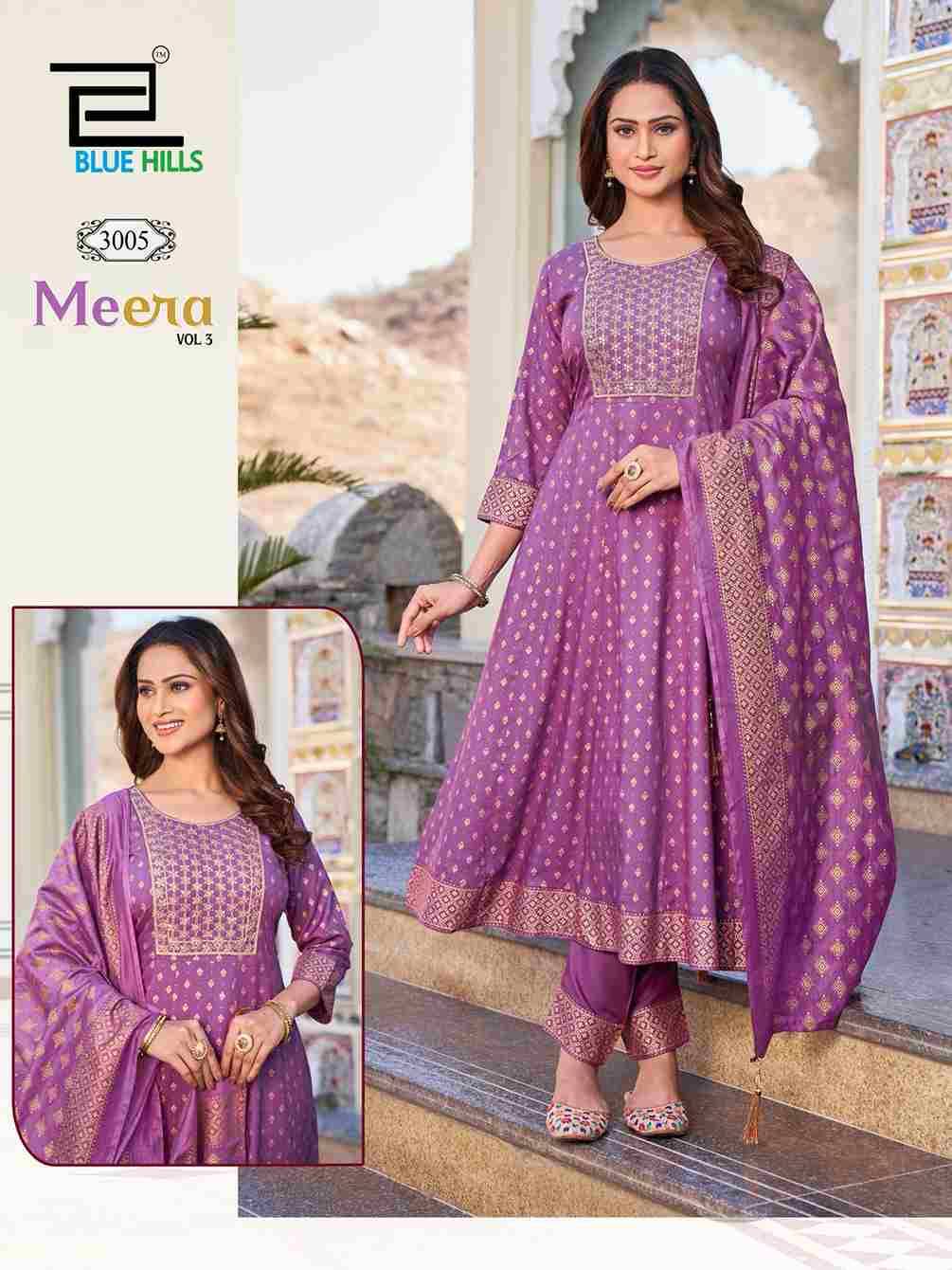 Meera Vol-3 By Blue Hills 3001 To 3007 Series Designer Festive Suits Beautiful Fancy Colorful Stylish Party Wear & Occasional Wear Rayon Dresses At Wholesale Price