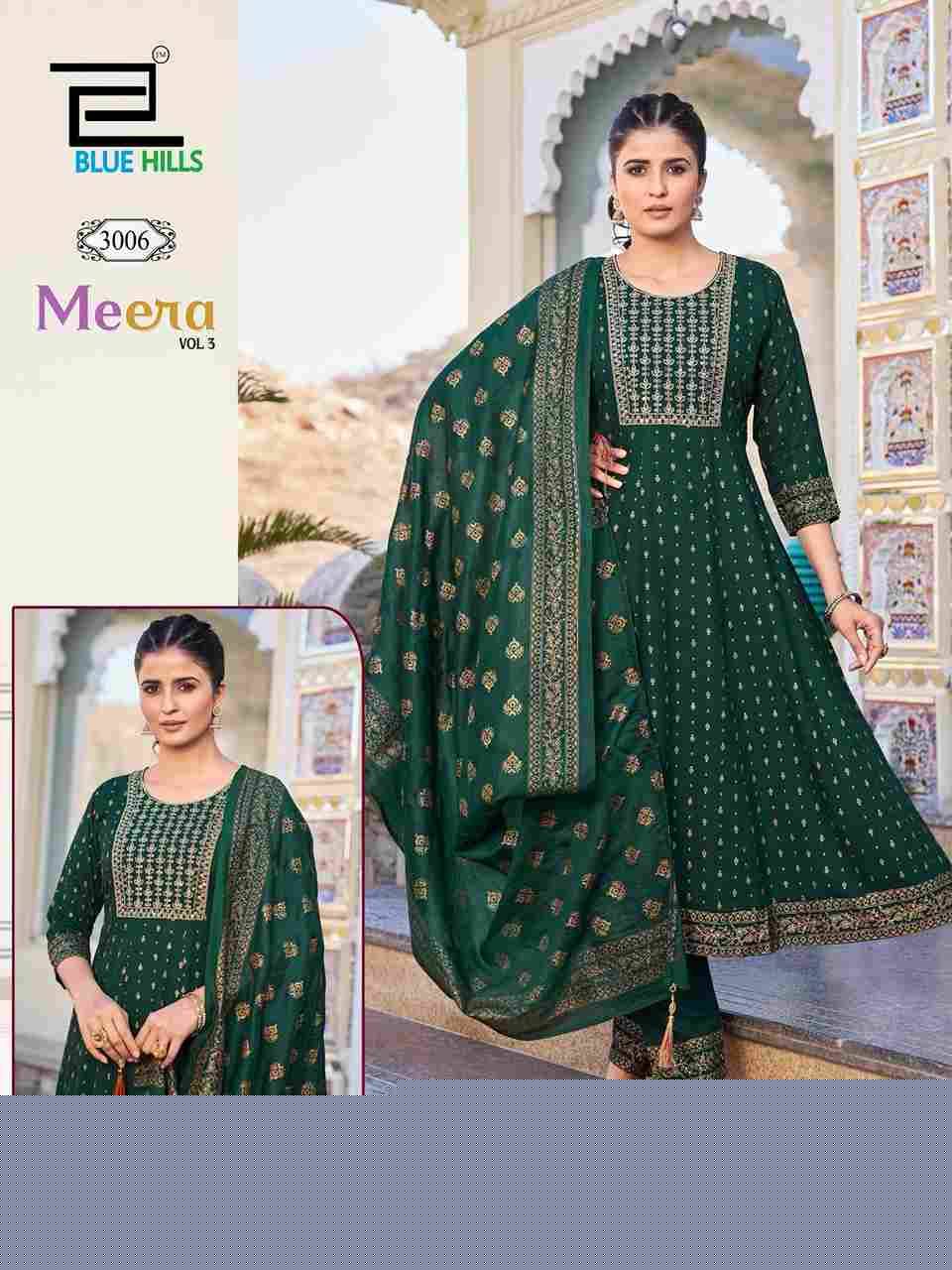 Meera Vol-3 By Blue Hills 3001 To 3007 Series Designer Festive Suits Beautiful Fancy Colorful Stylish Party Wear & Occasional Wear Rayon Dresses At Wholesale Price