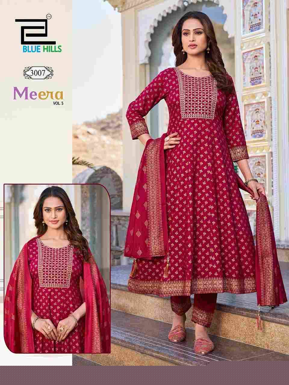 Meera Vol-3 By Blue Hills 3001 To 3007 Series Designer Festive Suits Beautiful Fancy Colorful Stylish Party Wear & Occasional Wear Rayon Dresses At Wholesale Price