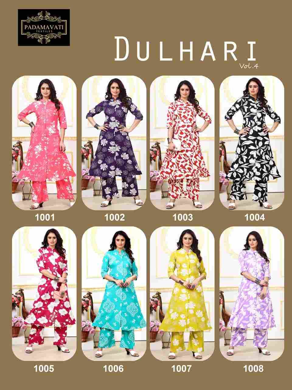 Dulhari Vol-4 By Padmavati Textiles 1001 To 1008 Series Designer Pakistani Suits Collection Beautiful Stylish Fancy Colorful Party Wear & Occasional Wear Rayon Print Kurtis With Bottom At Wholesale Price