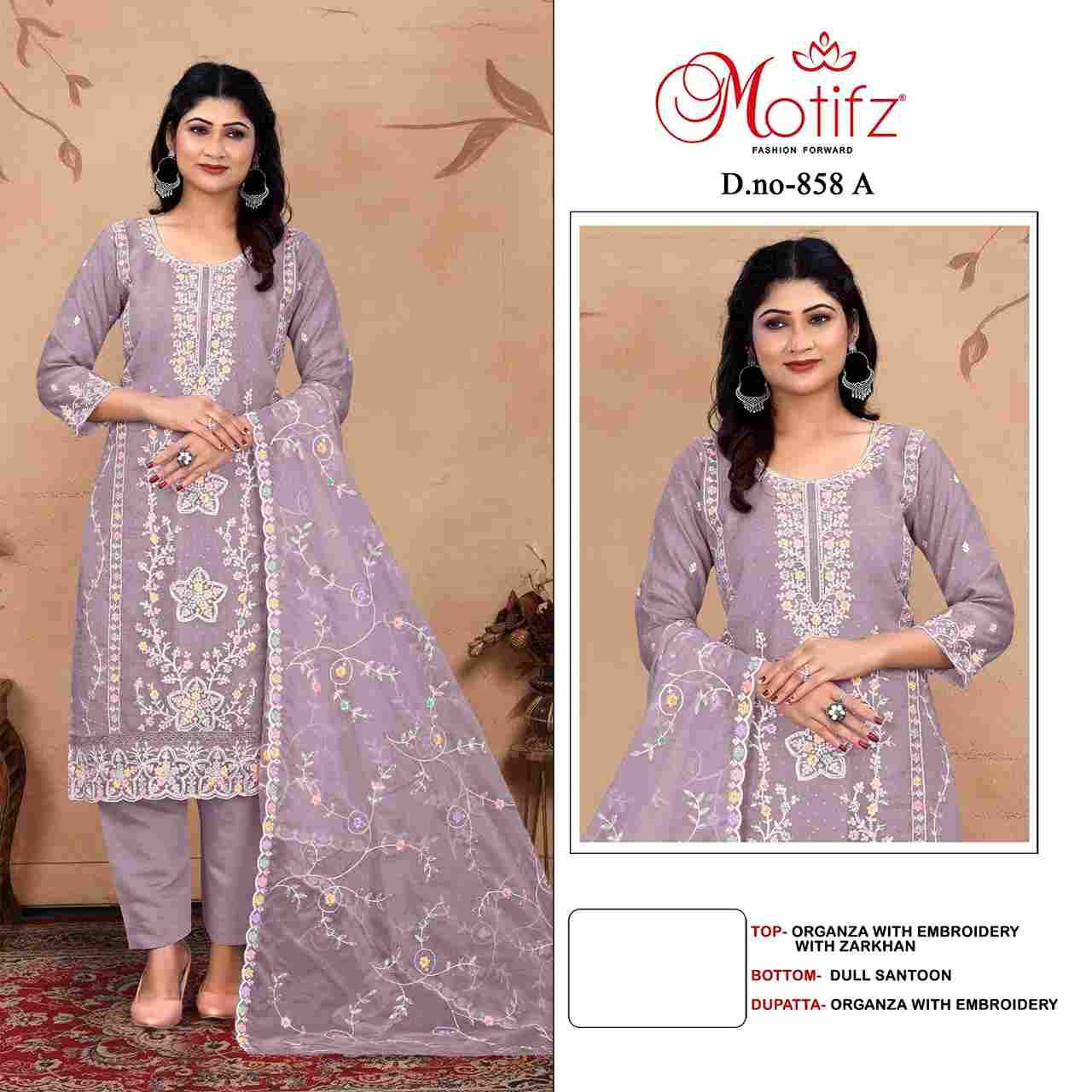 Motifz Hit Design 858 Colours By Motifz 858-A To 858-D Series Beautiful Pakistani Suits Colorful Stylish Fancy Casual Wear & Ethnic Wear Organza Embroidered Dresses At Wholesale Price