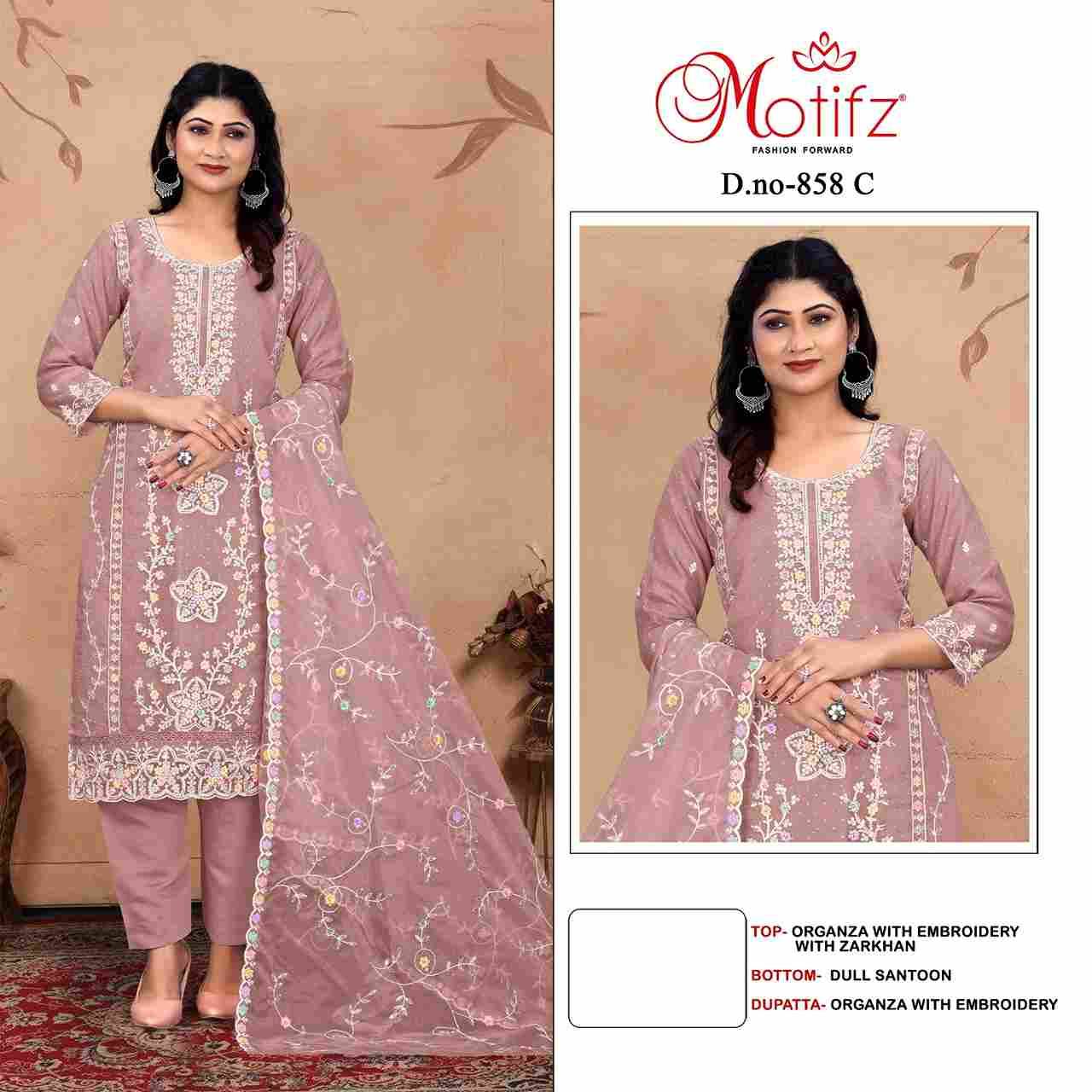 Motifz Hit Design 858 Colours By Motifz 858-A To 858-D Series Beautiful Pakistani Suits Colorful Stylish Fancy Casual Wear & Ethnic Wear Organza Embroidered Dresses At Wholesale Price