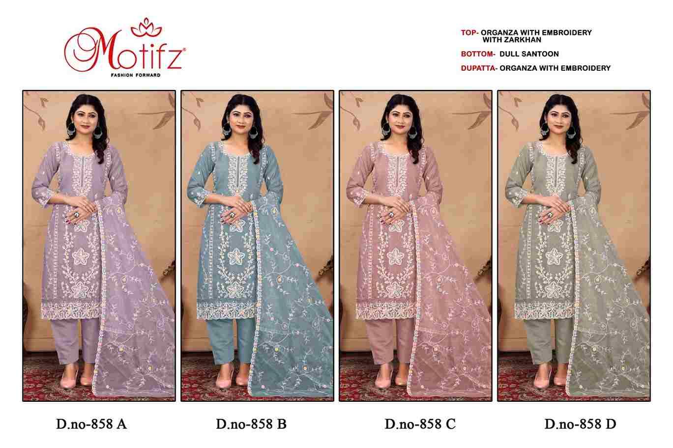 Motifz Hit Design 858 Colours By Motifz 858-A To 858-D Series Beautiful Pakistani Suits Colorful Stylish Fancy Casual Wear & Ethnic Wear Organza Embroidered Dresses At Wholesale Price