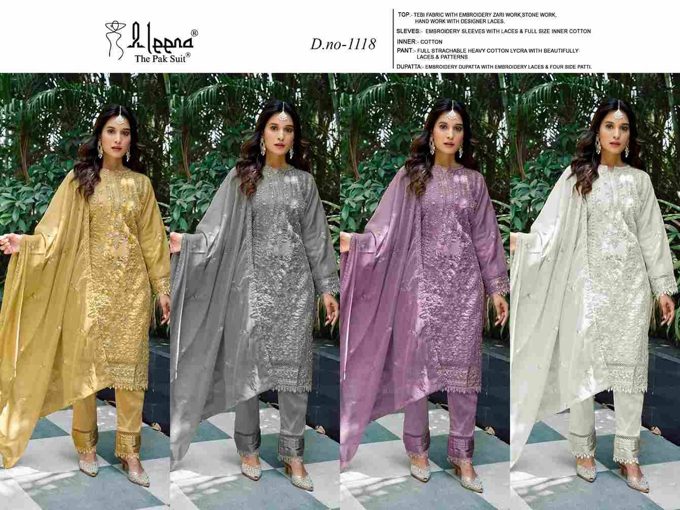 Aleena 1118 Colours By Aleena 1118-A To 1118-D Series Beautiful Pakistani Suits Stylish Fancy Colorful Party Wear & Occasional Wear Tabby Embroidered Dresses At Wholesale Price