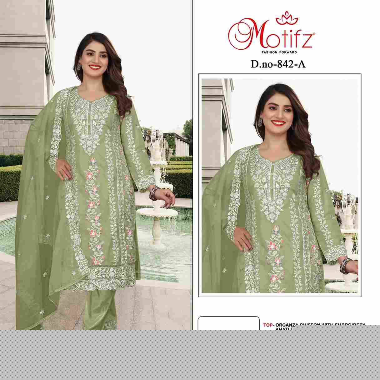Motifz Hit Design 842 Colours By Motifz 842-A To 842-D Series Beautiful Pakistani Suits Colorful Stylish Fancy Casual Wear & Ethnic Wear Organza Embroidered Dresses At Wholesale Price