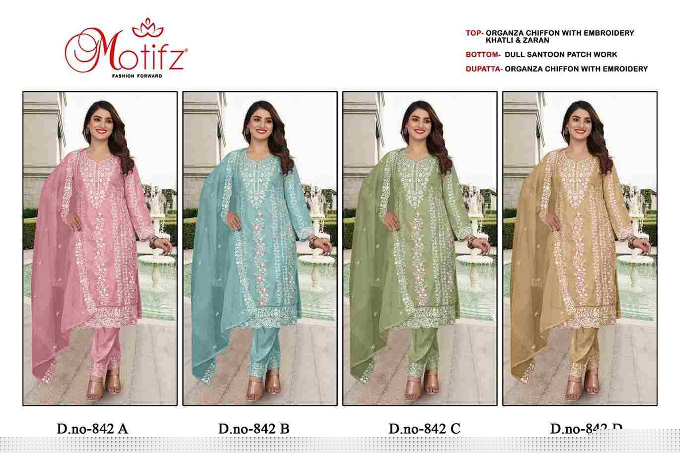 Motifz Hit Design 842 Colours By Motifz 842-A To 842-D Series Beautiful Pakistani Suits Colorful Stylish Fancy Casual Wear & Ethnic Wear Organza Embroidered Dresses At Wholesale Price