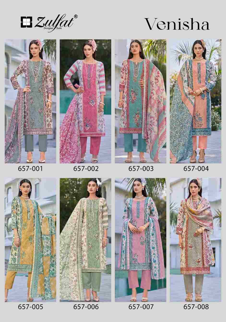 Venisha By Zulfat 657-001 To 657-008 Series Beautiful Festive Suits Stylish Fancy Colorful Casual Wear & Ethnic Wear Pure Cotton Print Dresses At Wholesale Price