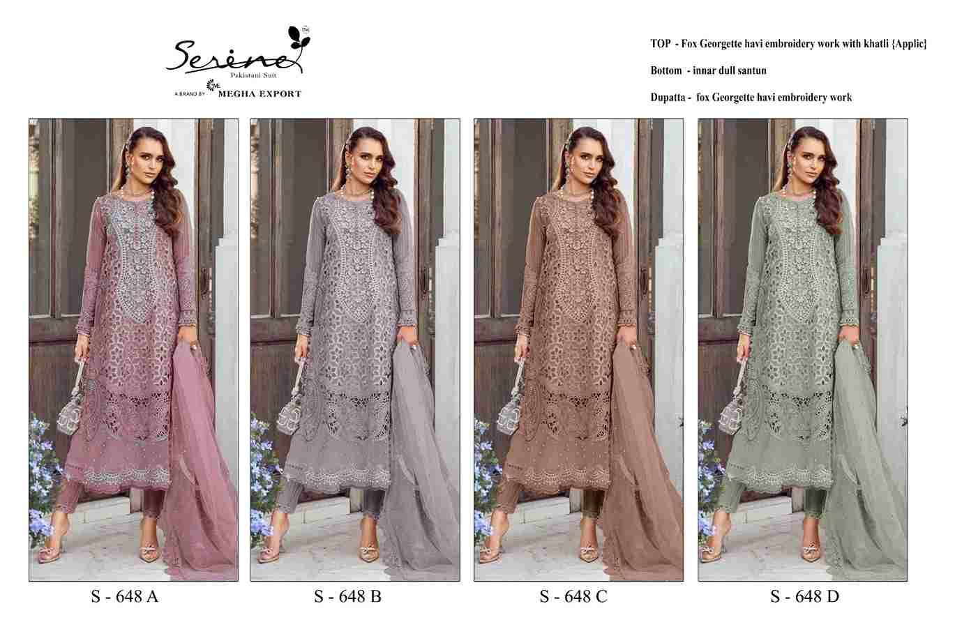 Serene Hit Design S-648 Colours By Serene S-648-A To S-648-D Series Designer Pakistani Suits Beautiful Fancy Colorful Stylish Party Wear & Occasional Wear Faux Georgette Embroidered Dresses At Wholesale Price