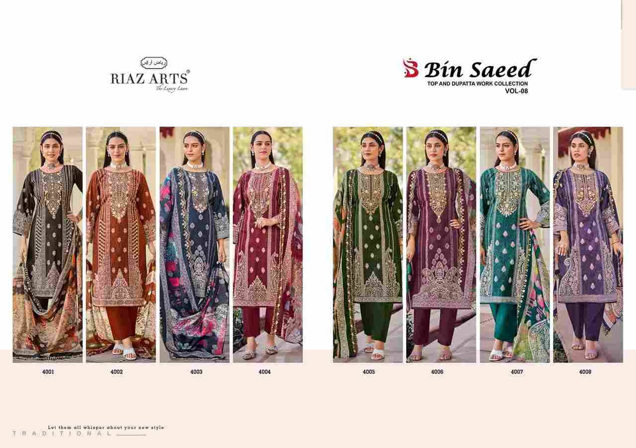 Bin Saeed Vol-8 By Riaz Arts 4001 To 4008 Series Beautiful Festive Suits Stylish Fancy Colorful Casual Wear & Ethnic Wear Pure Cotton Print Dresses At Wholesale Price
