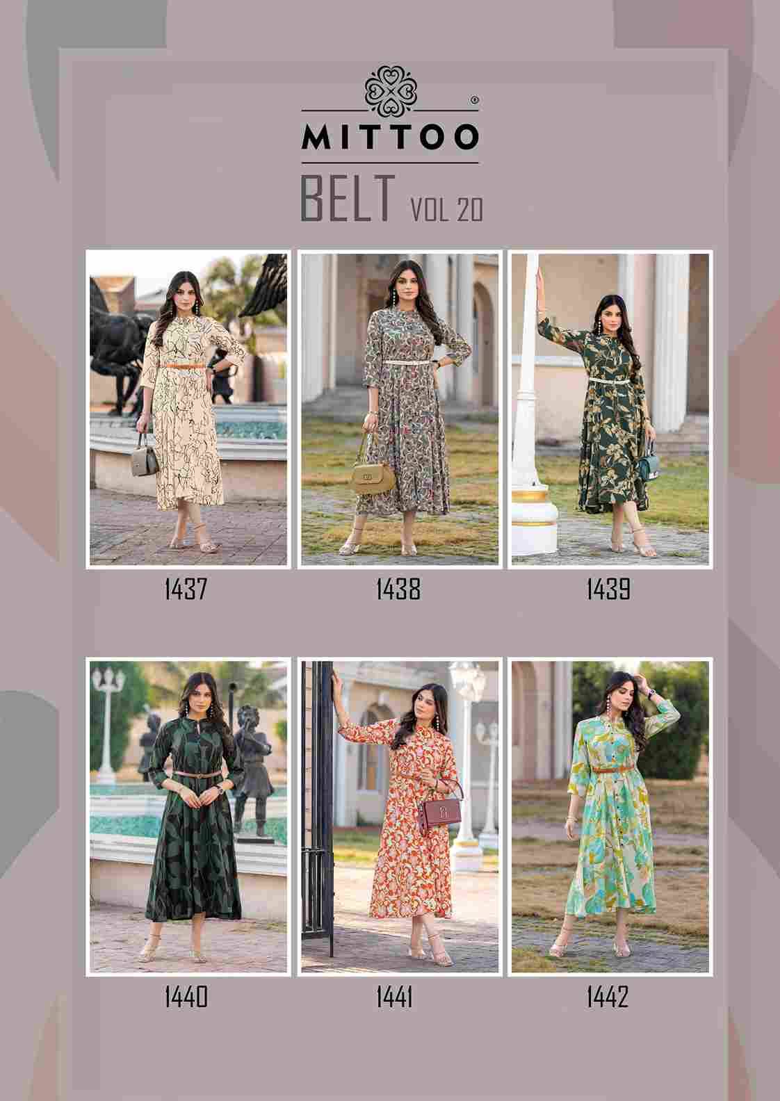 Belt Vol-20 By Mittoo 1437 To 1442 Series Designer Stylish Fancy Colorful Beautiful Party Wear & Ethnic Wear Collection Rayon Print Kurtis At Wholesale Price