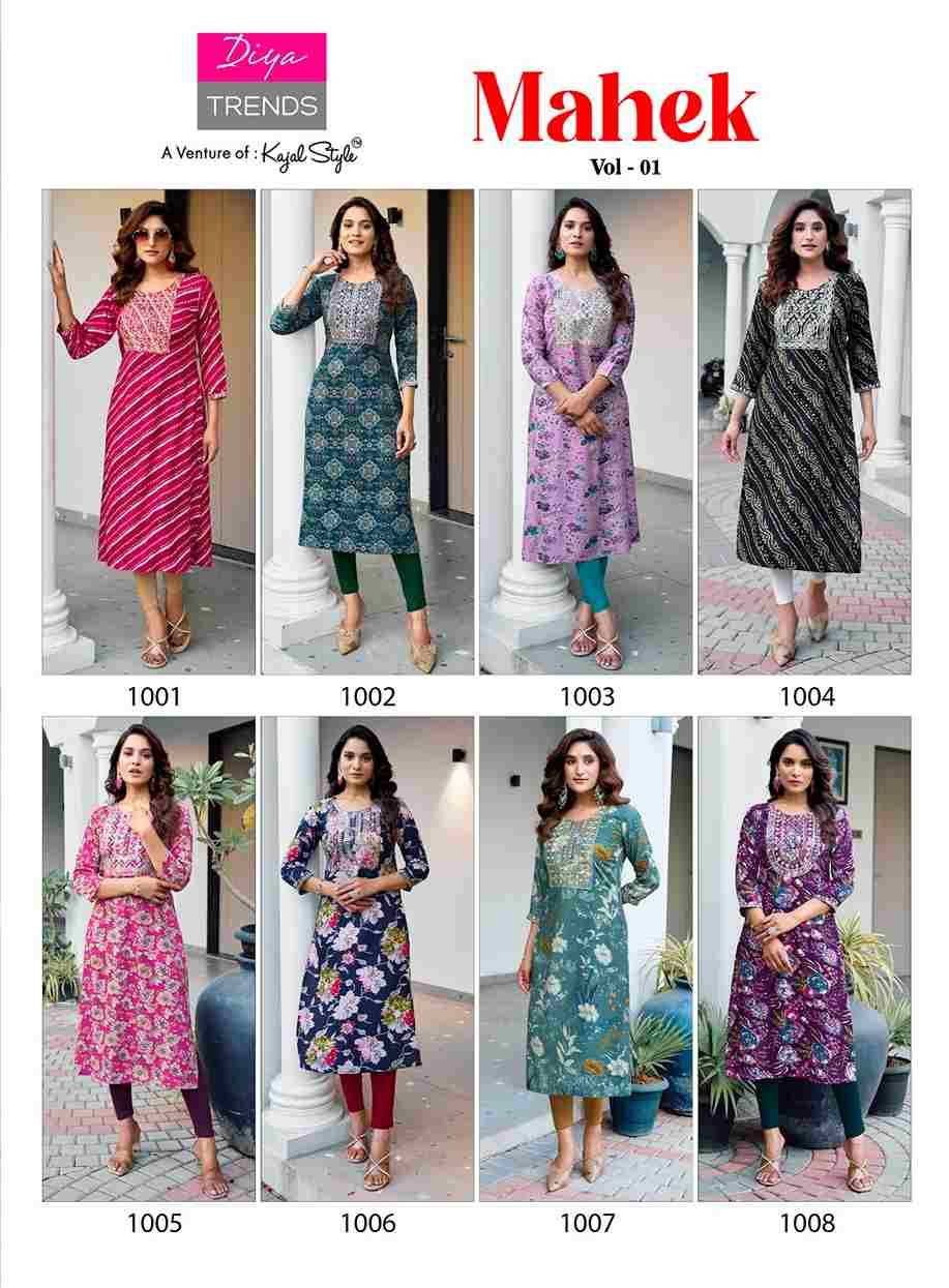 Mahek Vol-1 By Diya Trends 1001 To 1008 Series Beautiful Stylish Fancy Colorful Casual Wear & Ethnic Wear Rayon Print Kurtis At Wholesale Price