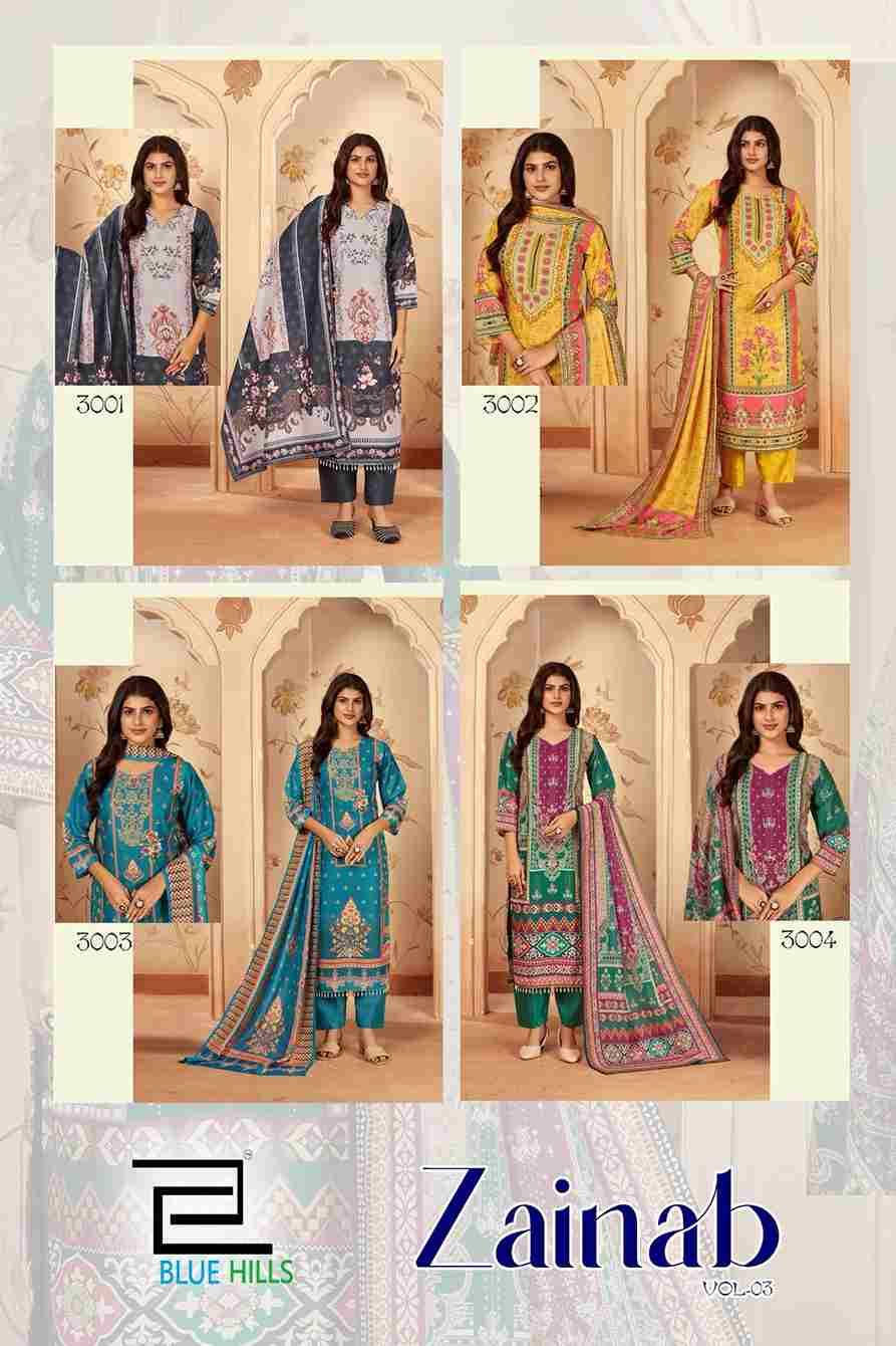 Zainab Vol-3 By Blue Hills 3001 To 3004 Series Designer Festive Suits Beautiful Fancy Colorful Stylish Party Wear & Occasional Wear Pure Muslin Dresses At Wholesale Price