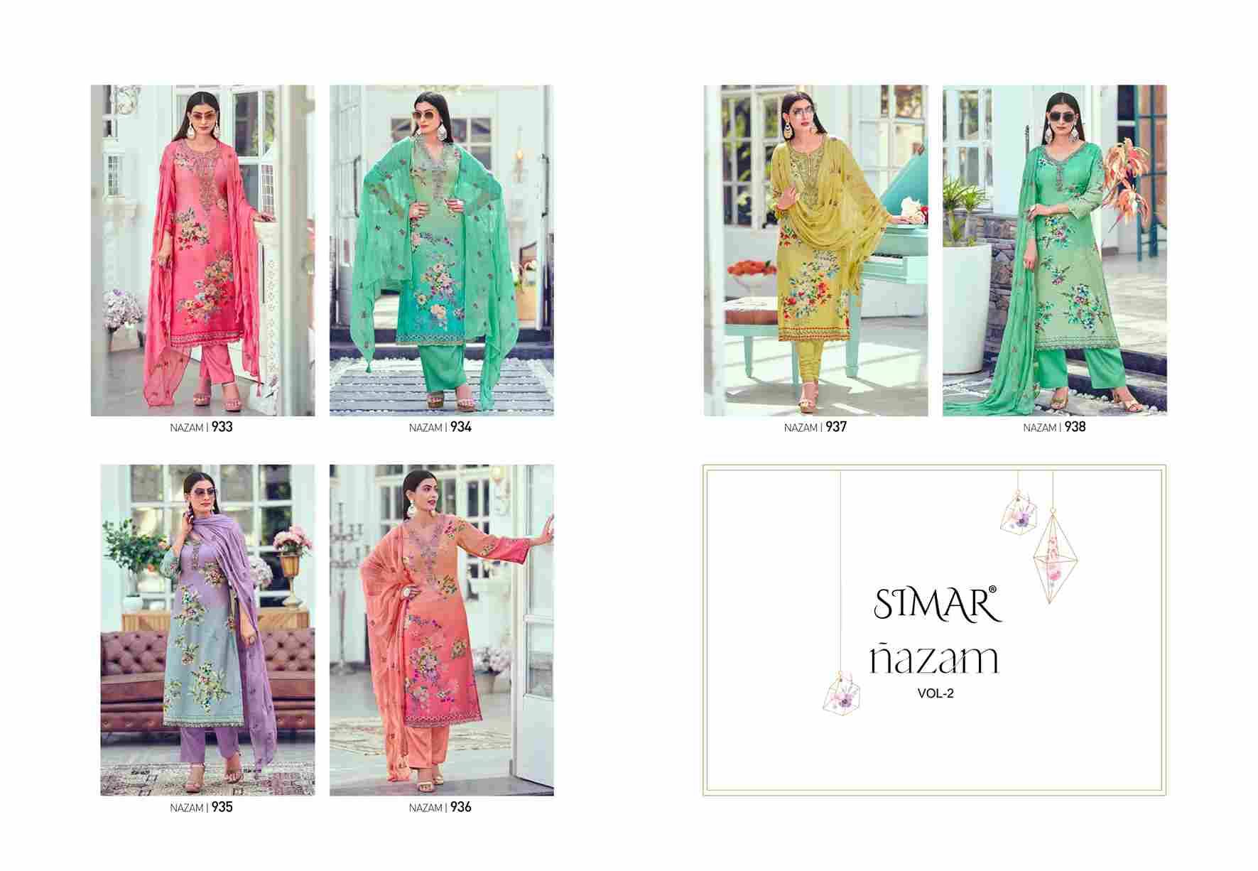 Nazam Vol-2 By Simar 933 To 938 Series Designer Festive Suits Beautiful Stylish Fancy Colorful Party Wear & Occasional Wear Pure Muslin Dresses At Wholesale Price