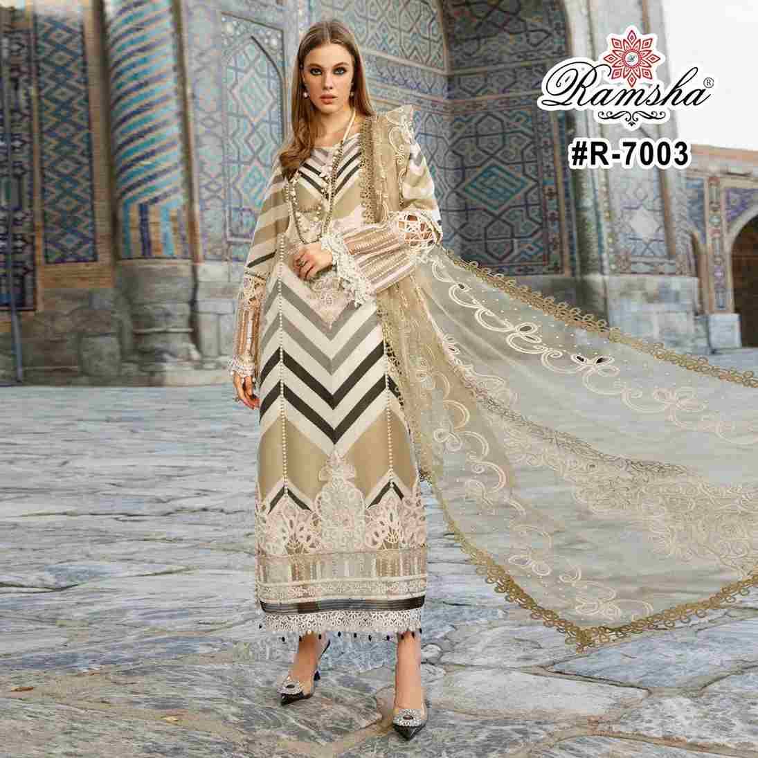 Riwaj Lawn Collection By Ramsha 7001 To 7004 Series Designer Pakistani Suits Beautiful Stylish Fancy Colorful Party Wear & Occasional Wear Cambric Embroidered Dresses At Wholesale Price