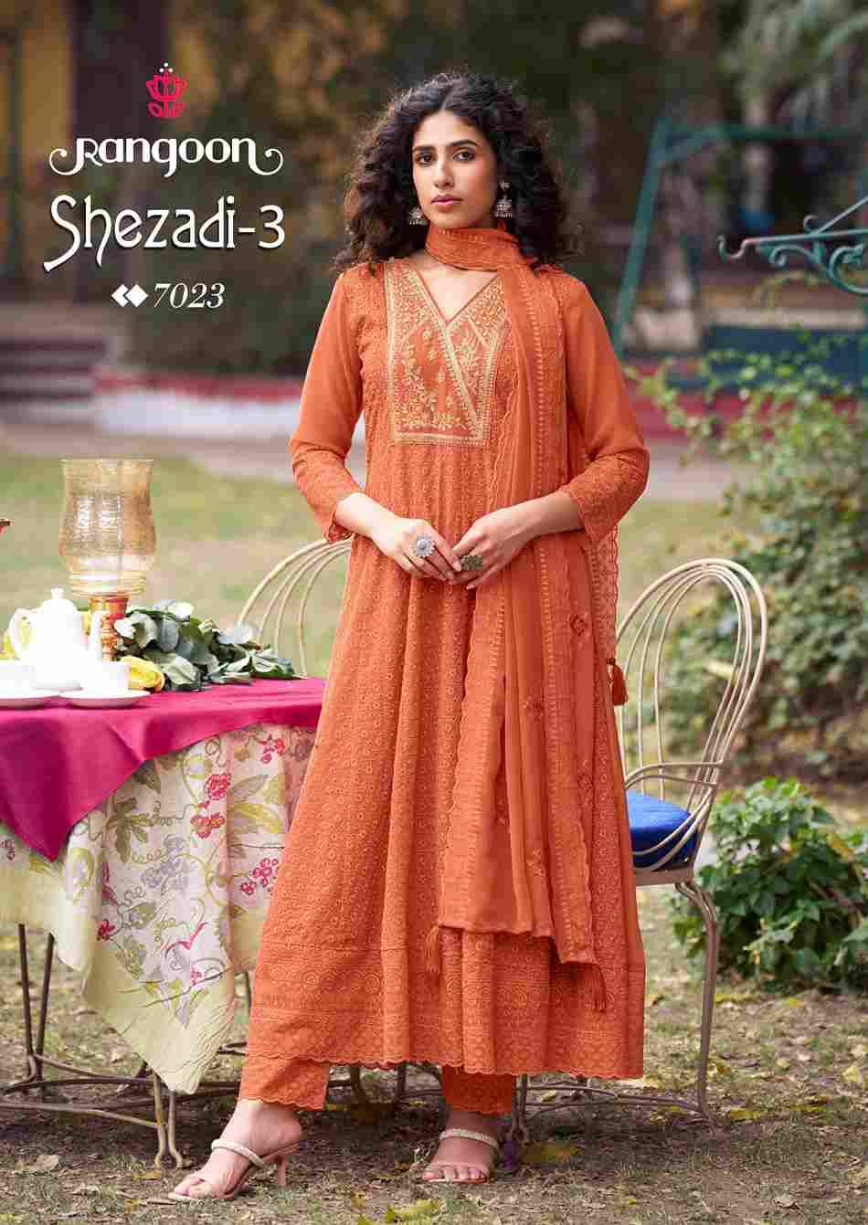 Shezadi Vol-3 By Rangoon 7021 To 7024 Series Designer Festive Suits Beautiful Stylish Fancy Colorful Party Wear & Occasional Wear Georgette With Work Dresses At Wholesale Price