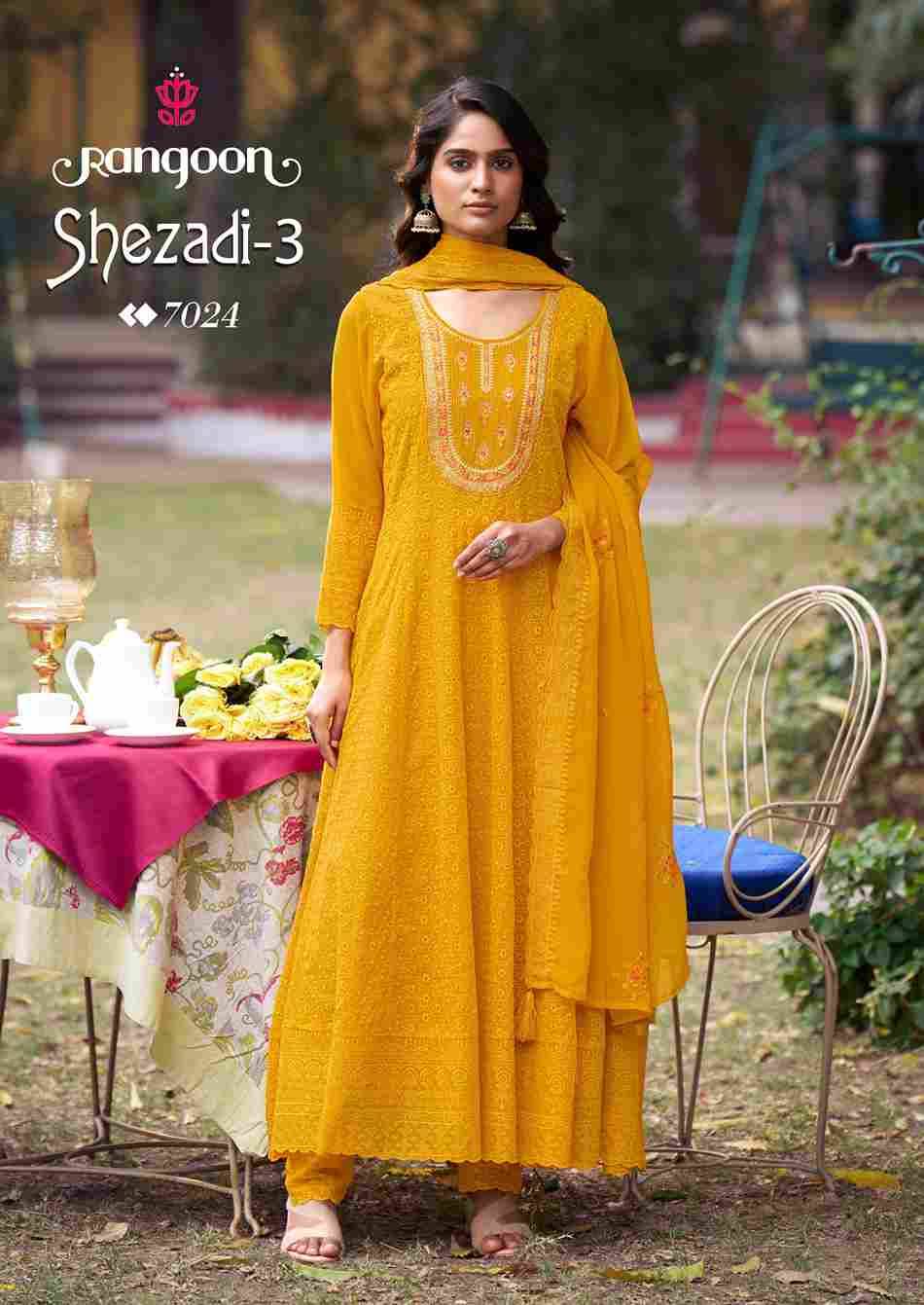 Shezadi Vol-3 By Rangoon 7021 To 7024 Series Designer Festive Suits Beautiful Stylish Fancy Colorful Party Wear & Occasional Wear Georgette With Work Dresses At Wholesale Price