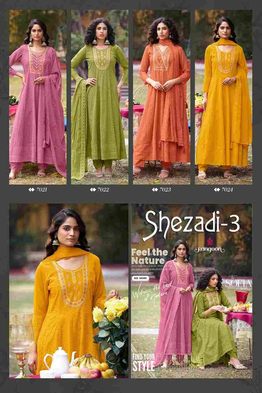 Shezadi Vol-3 By Rangoon 7021 To 7024 Series Designer Festive Suits Beautiful Stylish Fancy Colorful Party Wear & Occasional Wear Georgette With Work Dresses At Wholesale Price