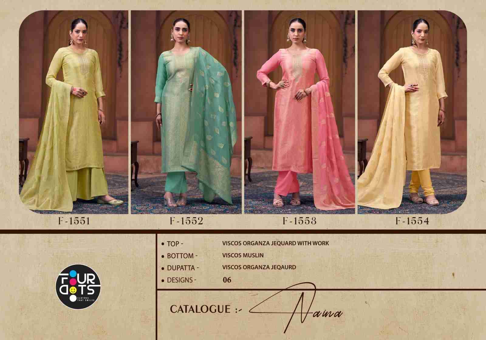 Naina By Four Dots 1551 To 1554 Series Beautiful Stylish Festive Suits Fancy Colorful Casual Wear & Ethnic Wear & Ready To Wear Viscose Organza Jacquard Dresses At Wholesale Price