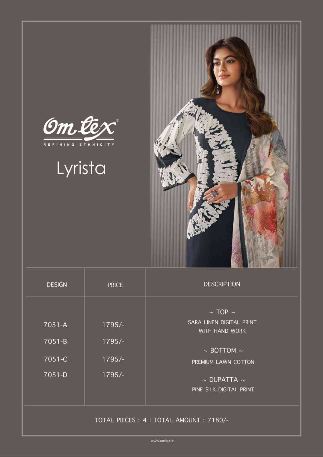 Lyrista By Om Tex 7051-A To 7051-D Series Beautiful Suits Stylish Fancy Colorful Party Wear & Ethnic Wear Linen Print Dresses At Wholesale Price