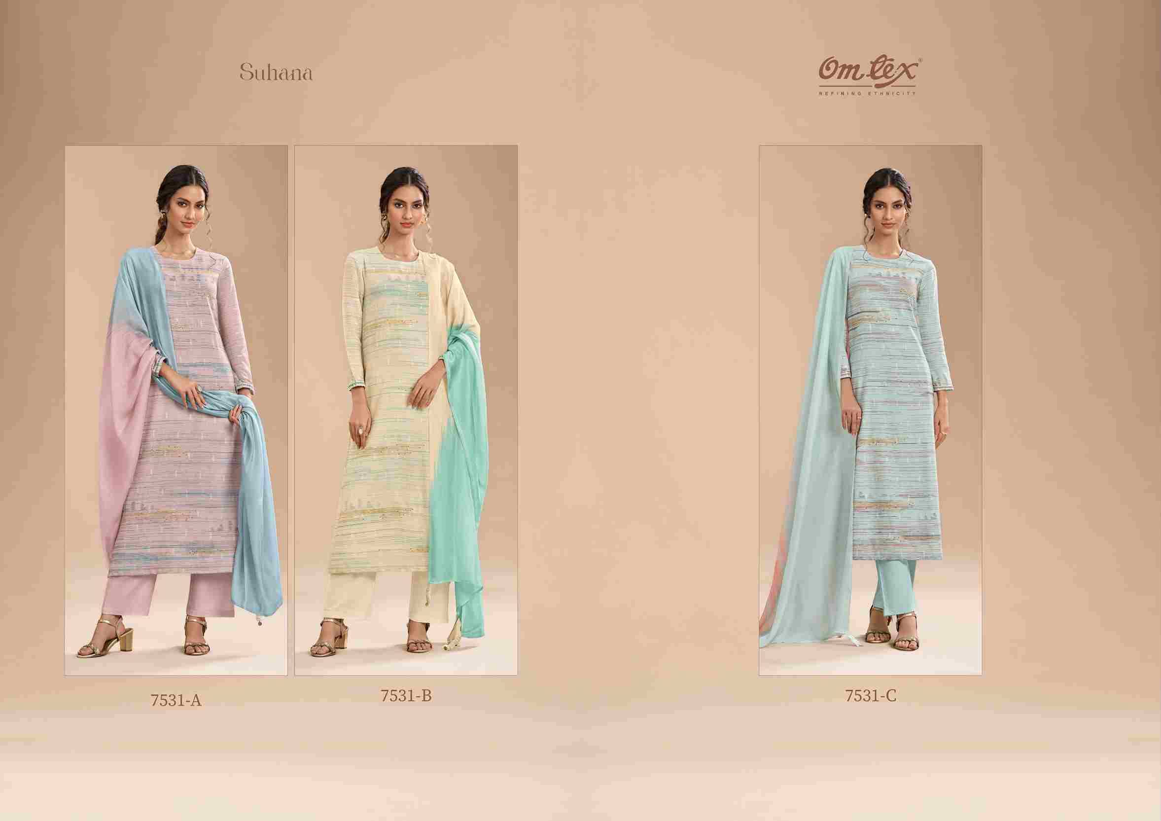 Suhana By Om Tex 7531-A To 7531-C Series Beautiful Suits Stylish Fancy Colorful Party Wear & Ethnic Wear Linen Print Dresses At Wholesale Price