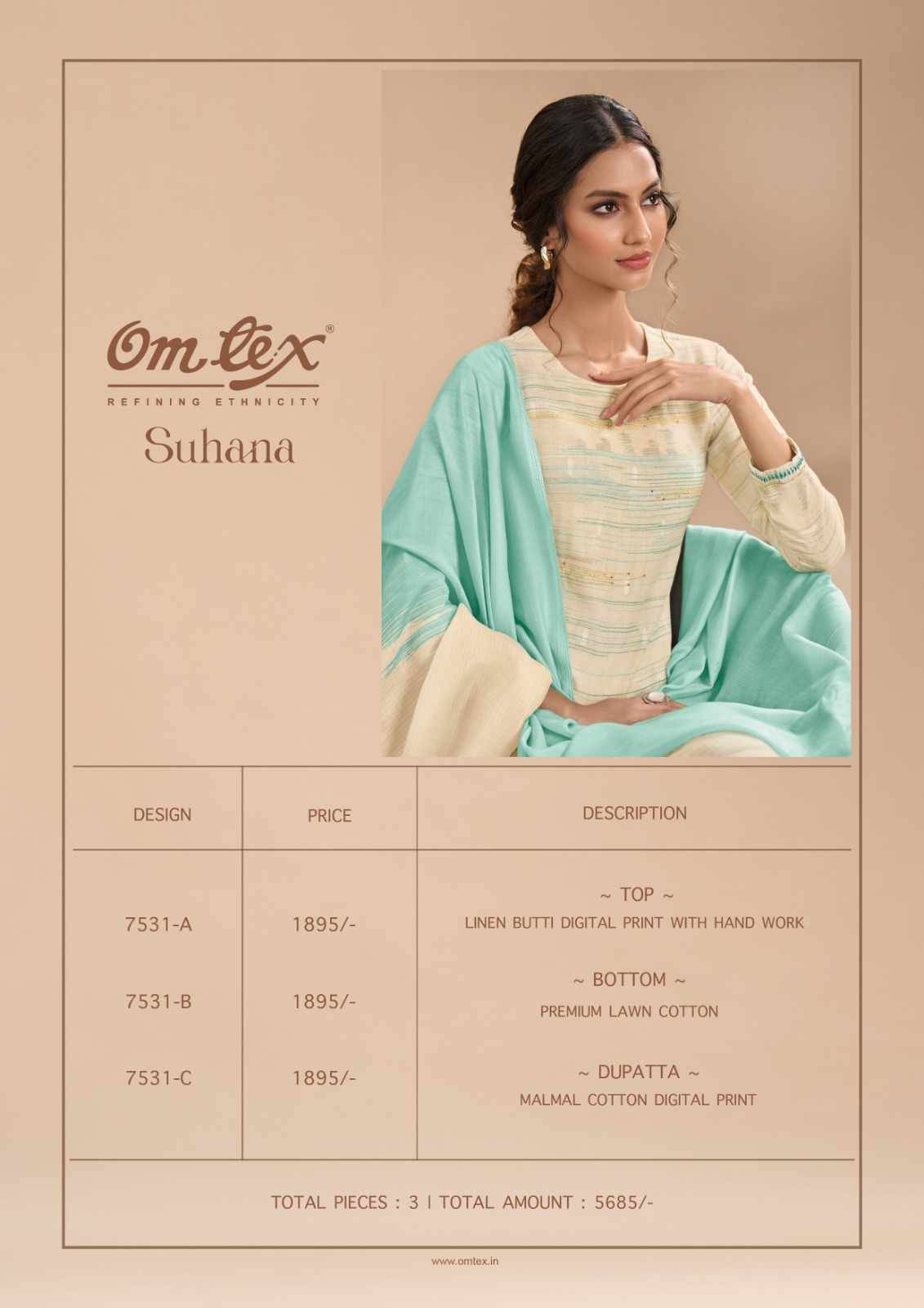 Suhana By Om Tex 7531-A To 7531-C Series Beautiful Suits Stylish Fancy Colorful Party Wear & Ethnic Wear Linen Print Dresses At Wholesale Price