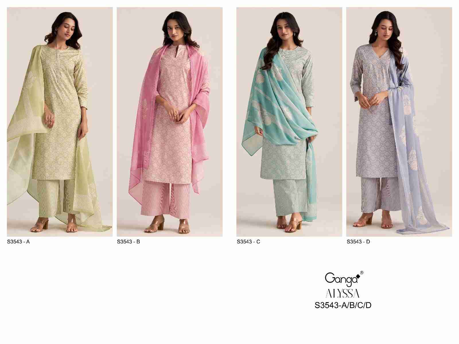 Alyssa-3543 By Ganga Fashion 3543-A To 3543-D Series Beautiful Festive Suits Colorful Stylish Fancy Casual Wear & Ethnic Wear Pure Cotton Dresses At Wholesale Price