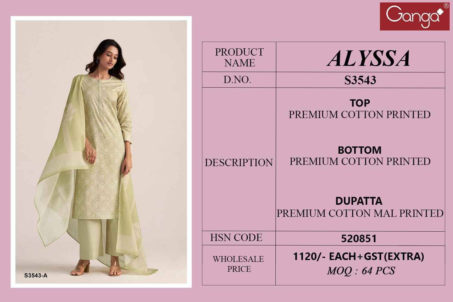 Alyssa-3543 By Ganga Fashion 3543-A To 3543-D Series Beautiful Festive Suits Colorful Stylish Fancy Casual Wear & Ethnic Wear Pure Cotton Dresses At Wholesale Price