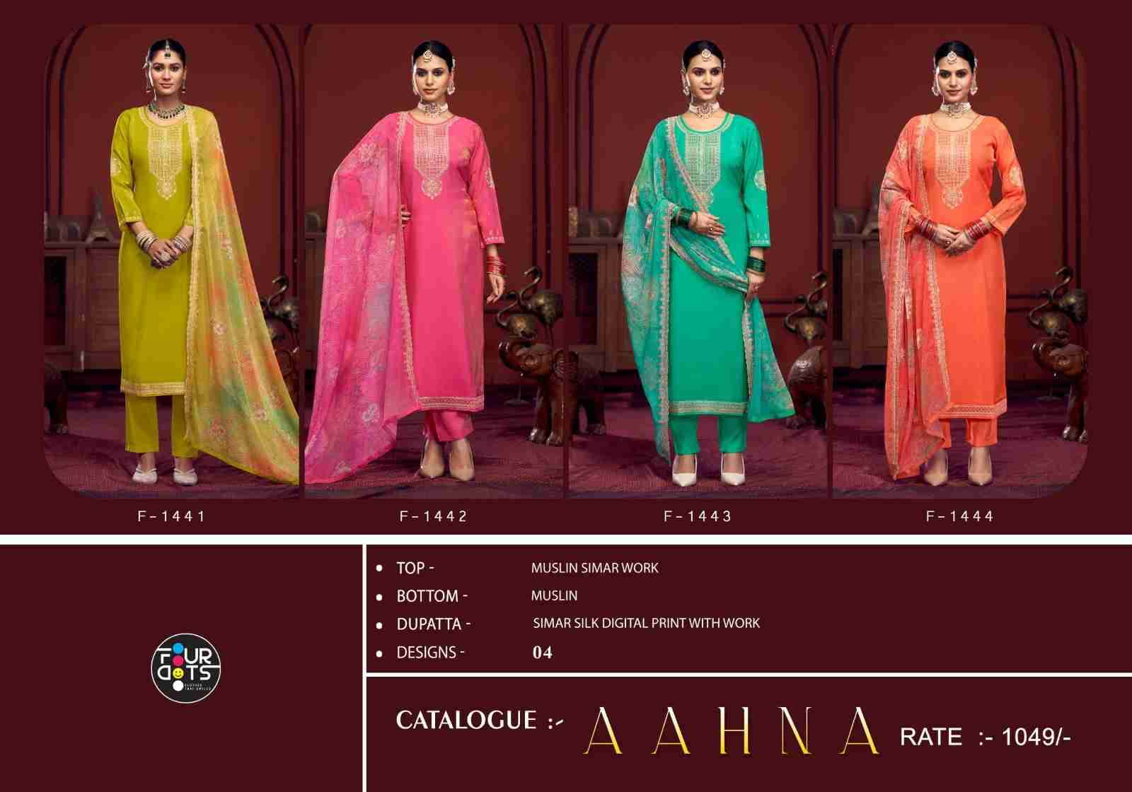 Aahna By Four Dots 1441 To 1444 Series Beautiful Stylish Festive Suits Fancy Colorful Casual Wear & Ethnic Wear & Ready To Wear Muslin Dresses At Wholesale Price