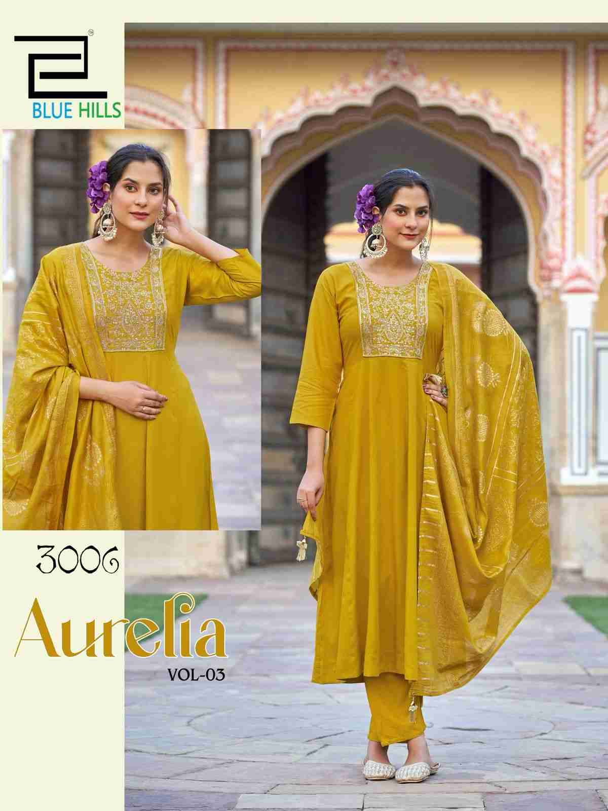 Aurelia Vol-3 By Blue Hills 3001 To 3006 Series Designer Festive Suits Beautiful Fancy Colorful Stylish Party Wear & Occasional Wear Rayon Dresses At Wholesale Price