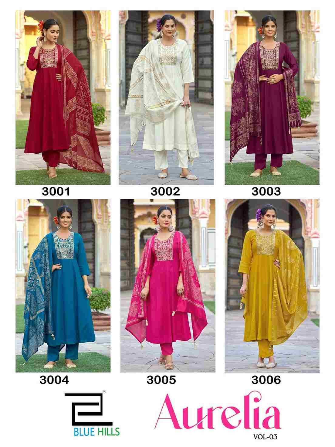 Aurelia Vol-3 By Blue Hills 3001 To 3006 Series Designer Festive Suits Beautiful Fancy Colorful Stylish Party Wear & Occasional Wear Rayon Dresses At Wholesale Price