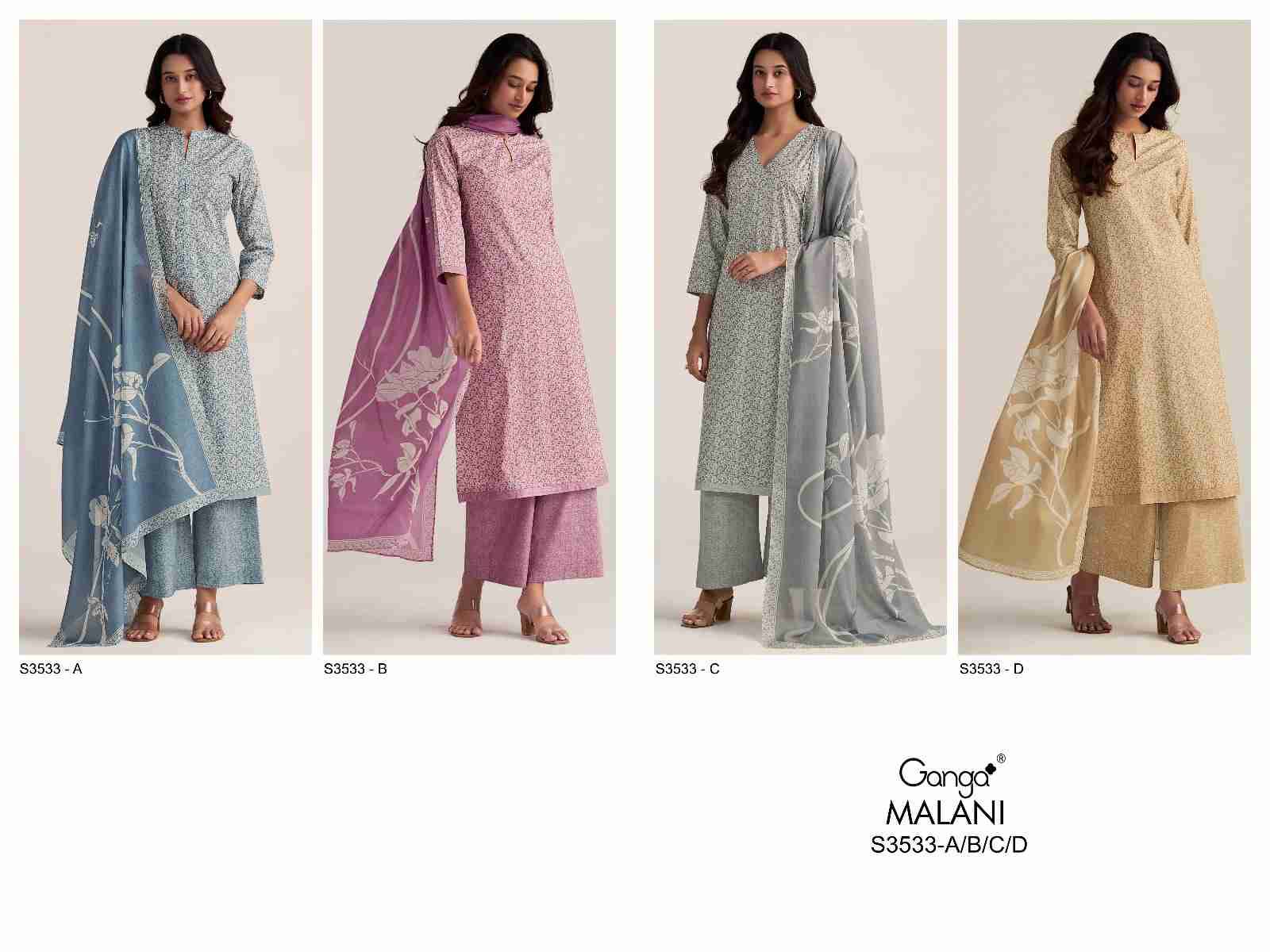 Malani-3533 By Ganga Fashion 3533-A To 3533-D Series Beautiful Festive Suits Colorful Stylish Fancy Casual Wear & Ethnic Wear Pure Cotton Dresses At Wholesale Price
